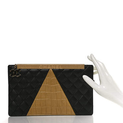 Chanel Lambskin Metallic Calfskin Crocodile Embossed Clutch Black Gold 3 of 15