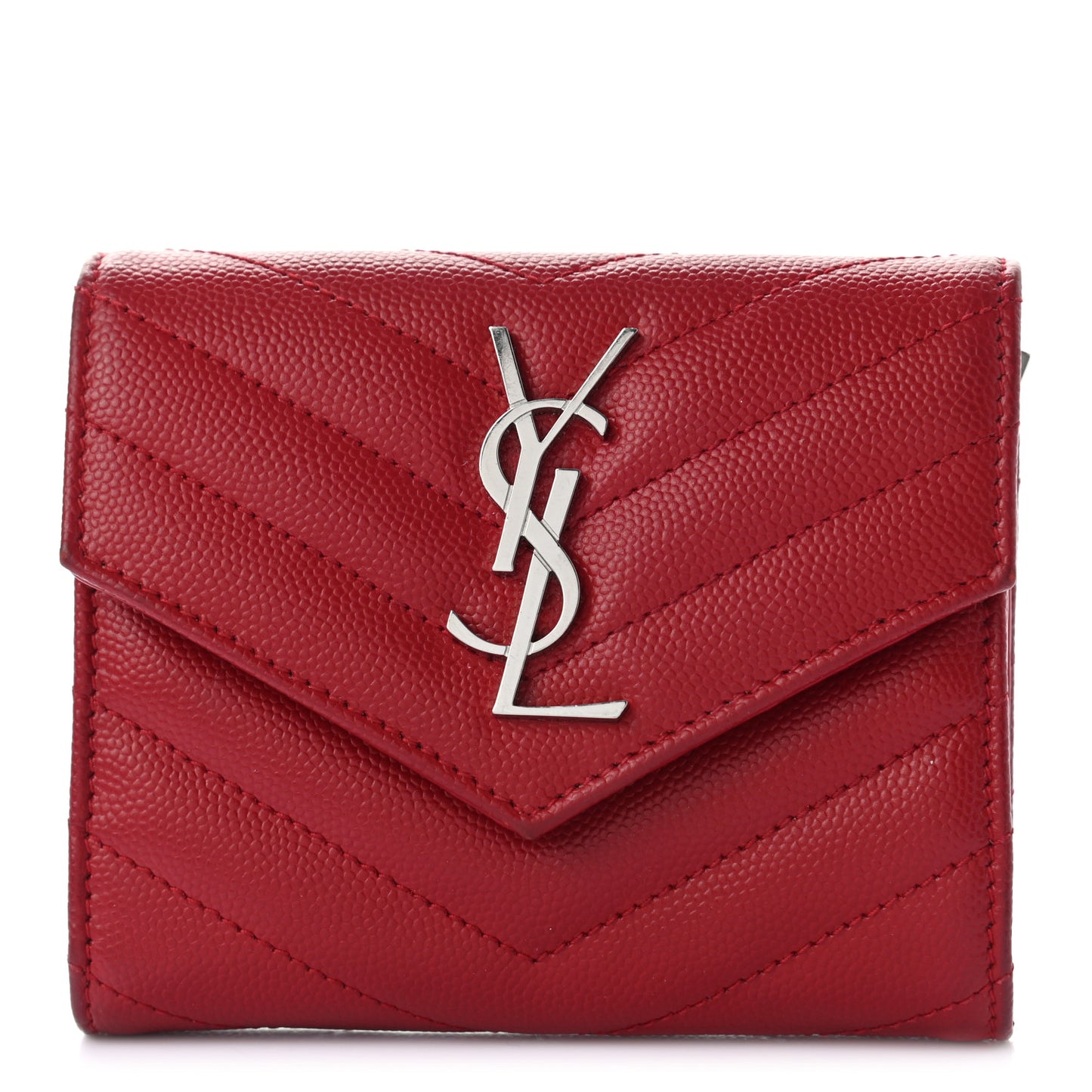 Grain De Poudre Matelasse Chevron Monogram Compact Tri Fold Wallet Red