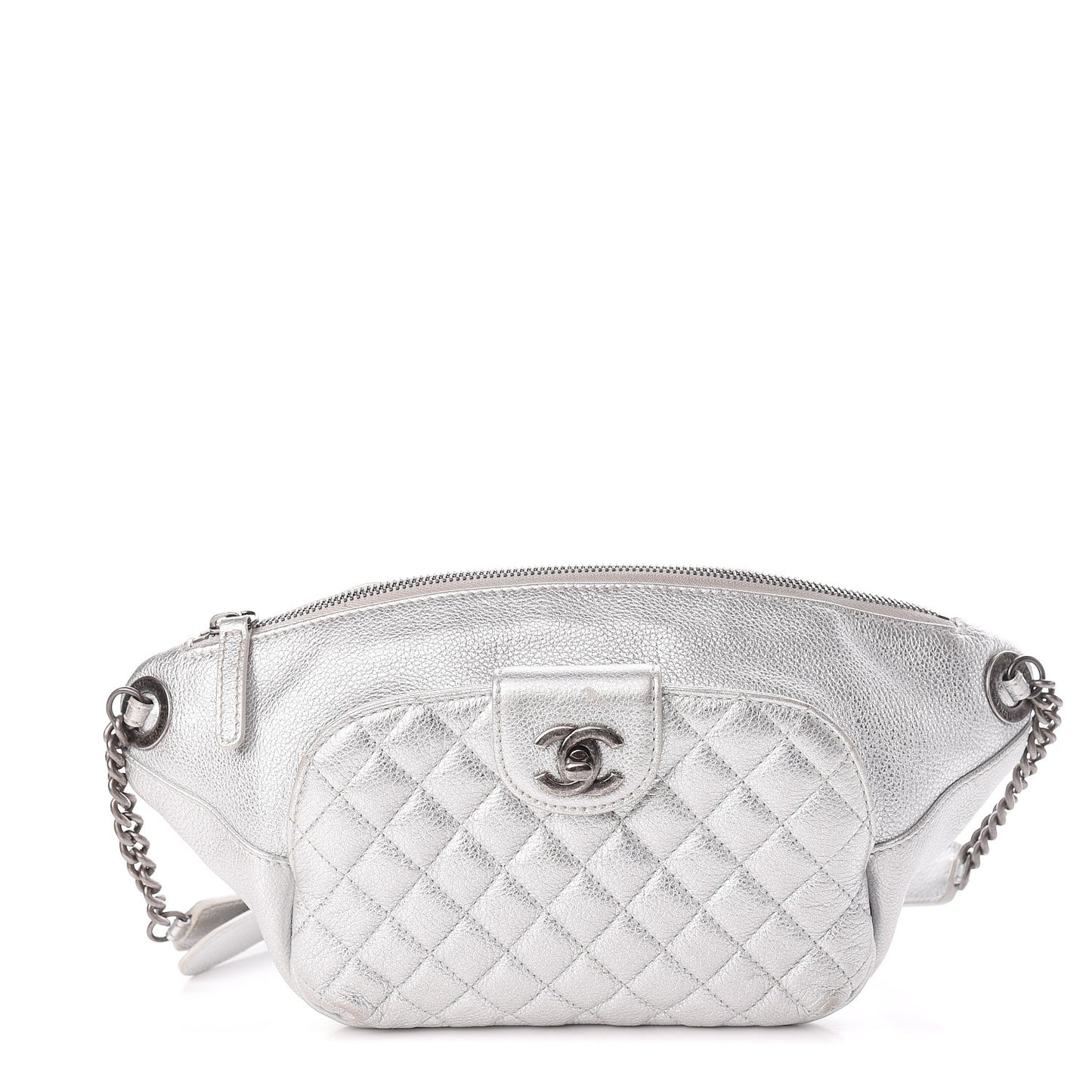 Metallic Grained Calfskin Quilted Casual Rock Waist Bag Fanny Pack Silver