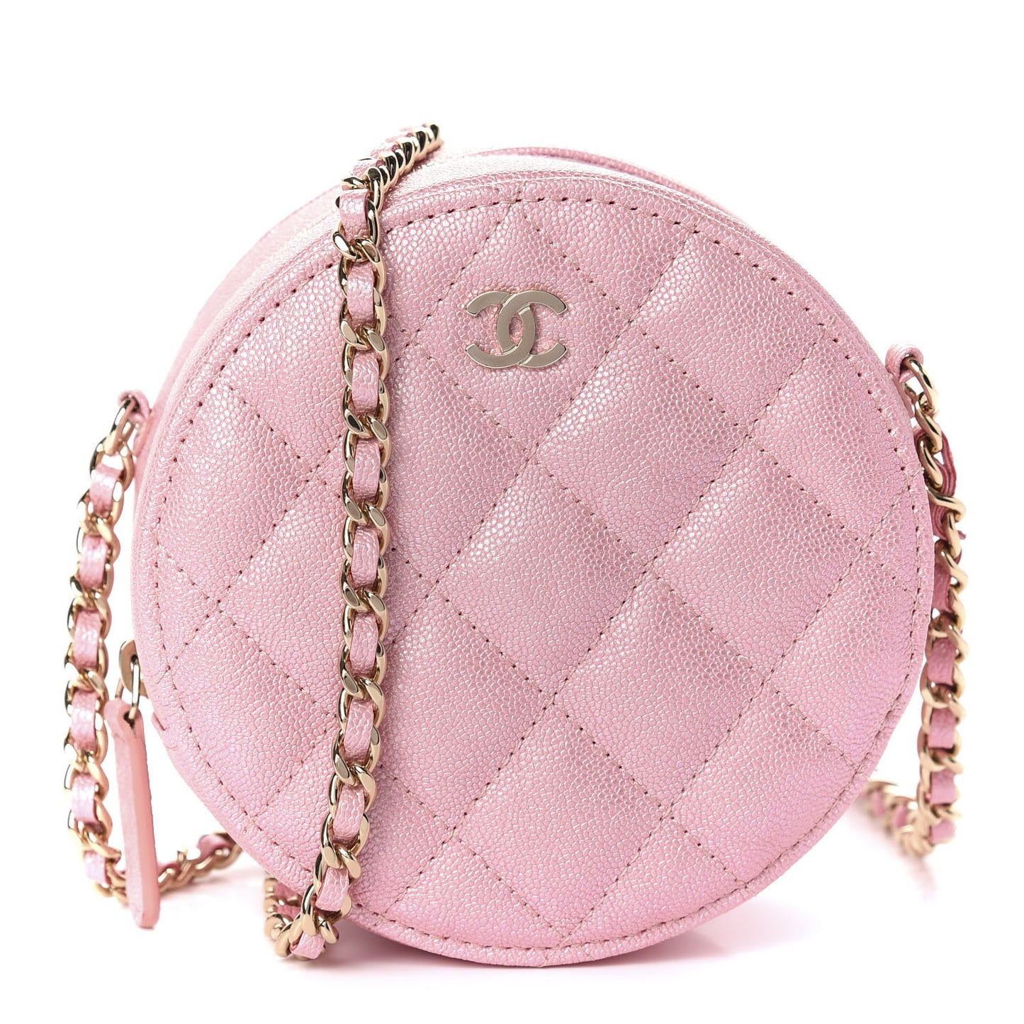 Iridescent Caviar Quilted Round Clutch With Chain Pink