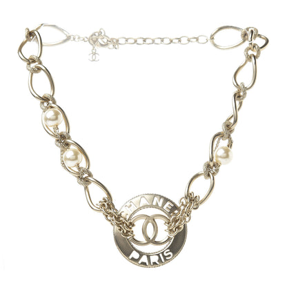 Chanel Metal Pearl Chain CC Paris Pendant Necklace Light Gold 3 of 5