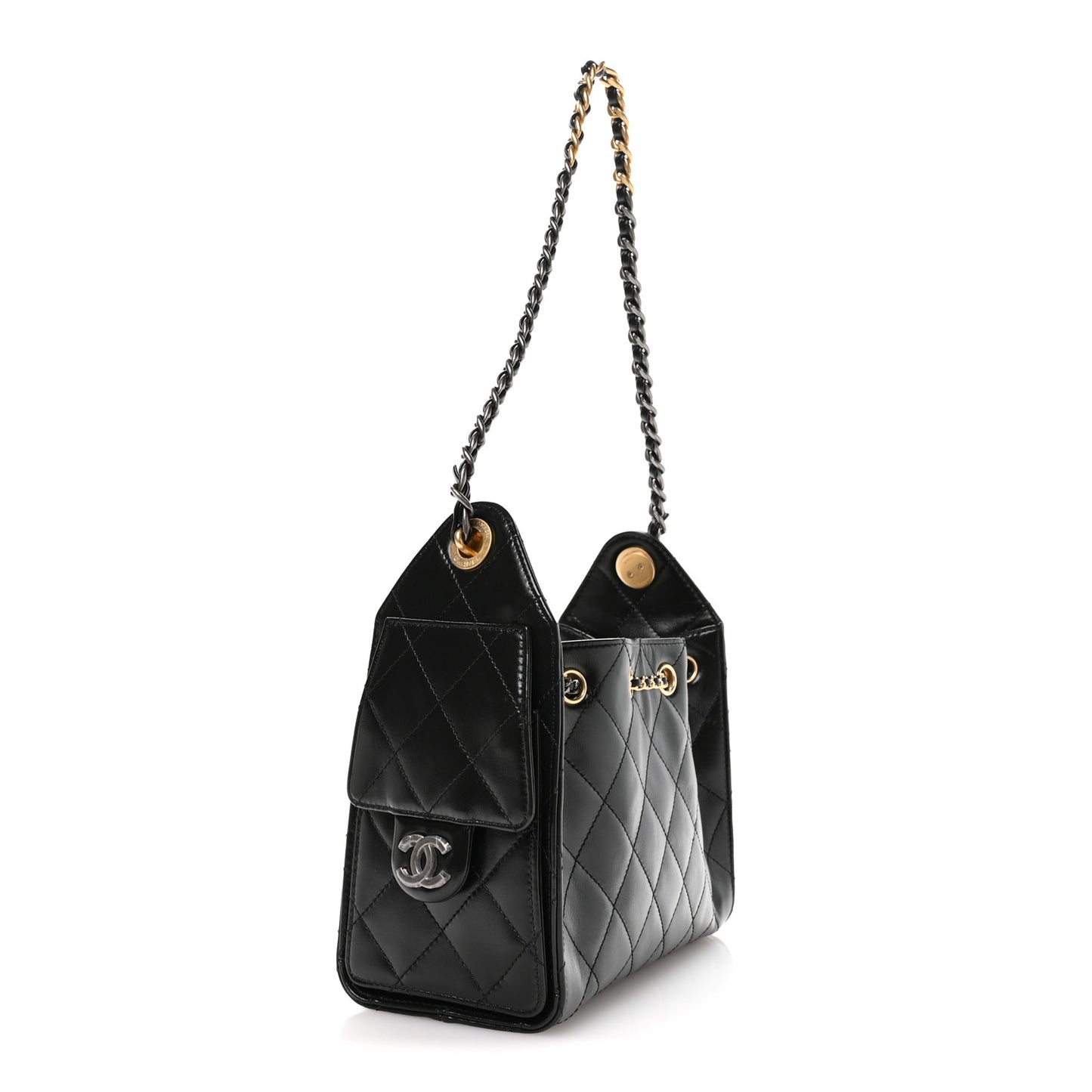 Shiny Crumpled Calfskin Quilted Mini Chanel 25 Handbag Black
