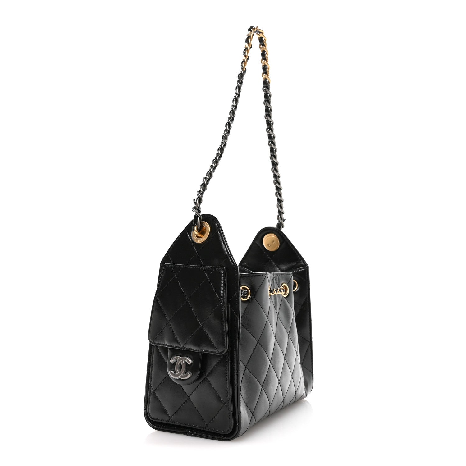 Chanel Shiny Crumpled Calfskin Quilted Mini Chanel 25 Handbag Black 3 of 11