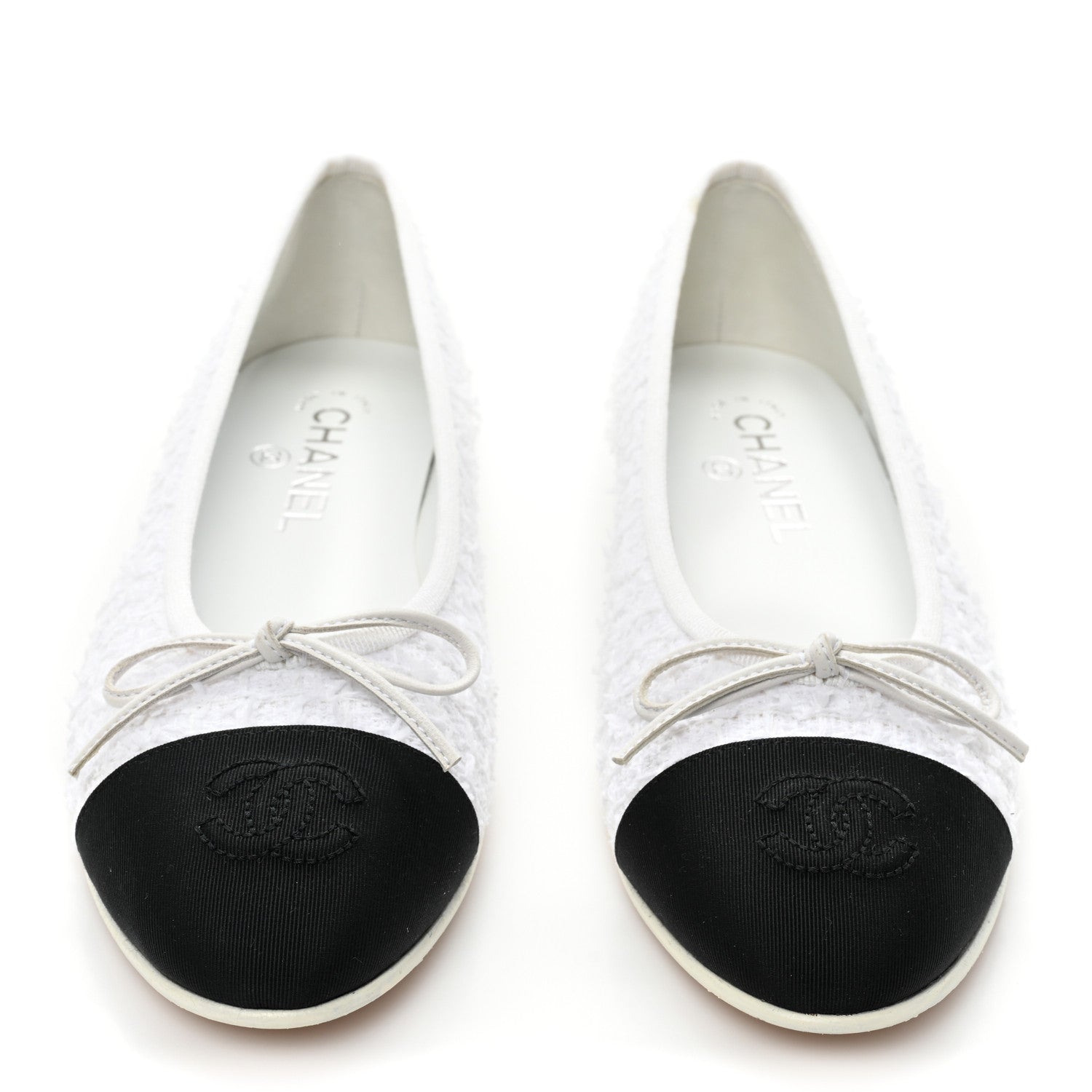 Chanel Cotton Tweed Grosgrain Cap Toe Ballerina Flats 37.5 White Black 2 of 13