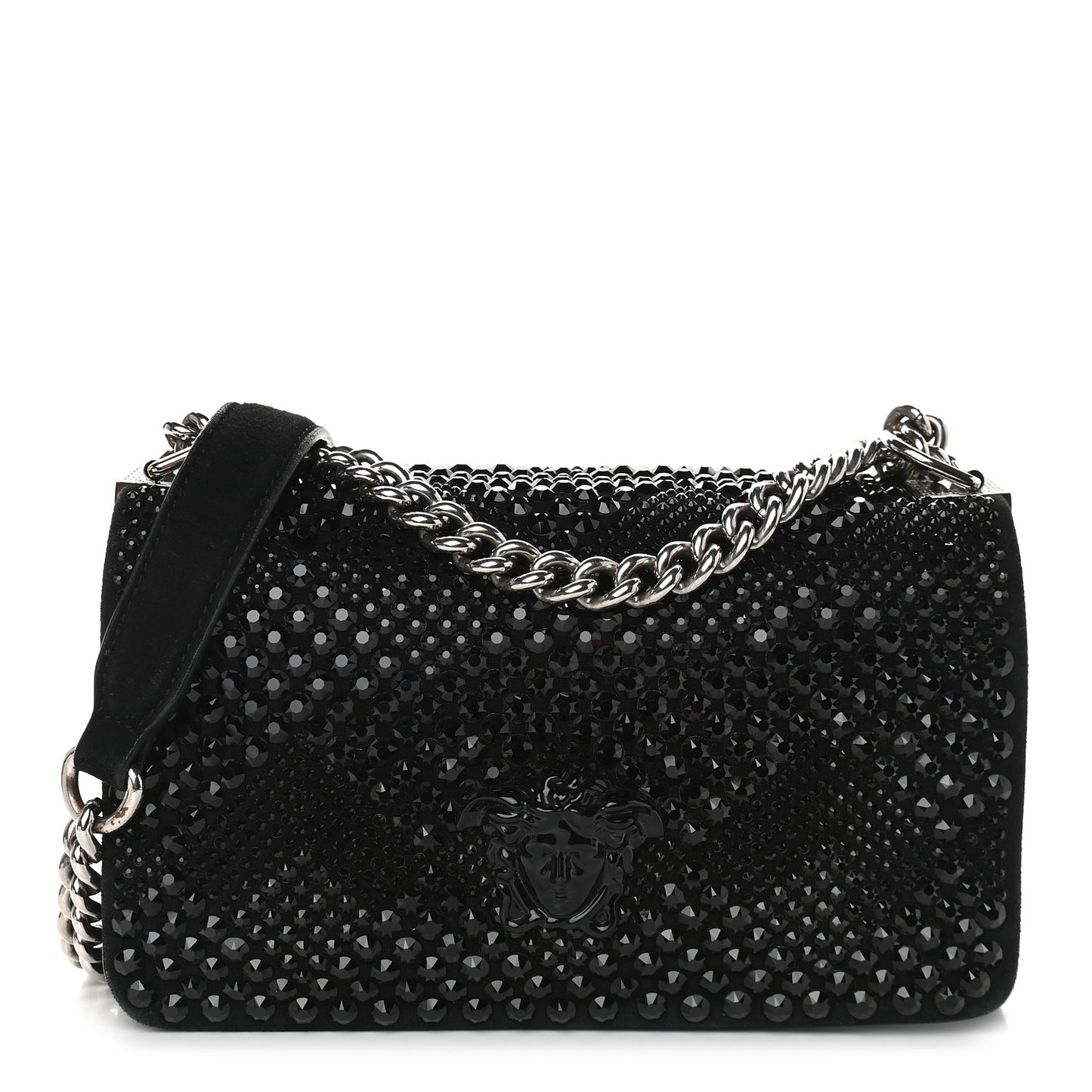 Suede Palazzo Crystal Chain Evening Bag Black