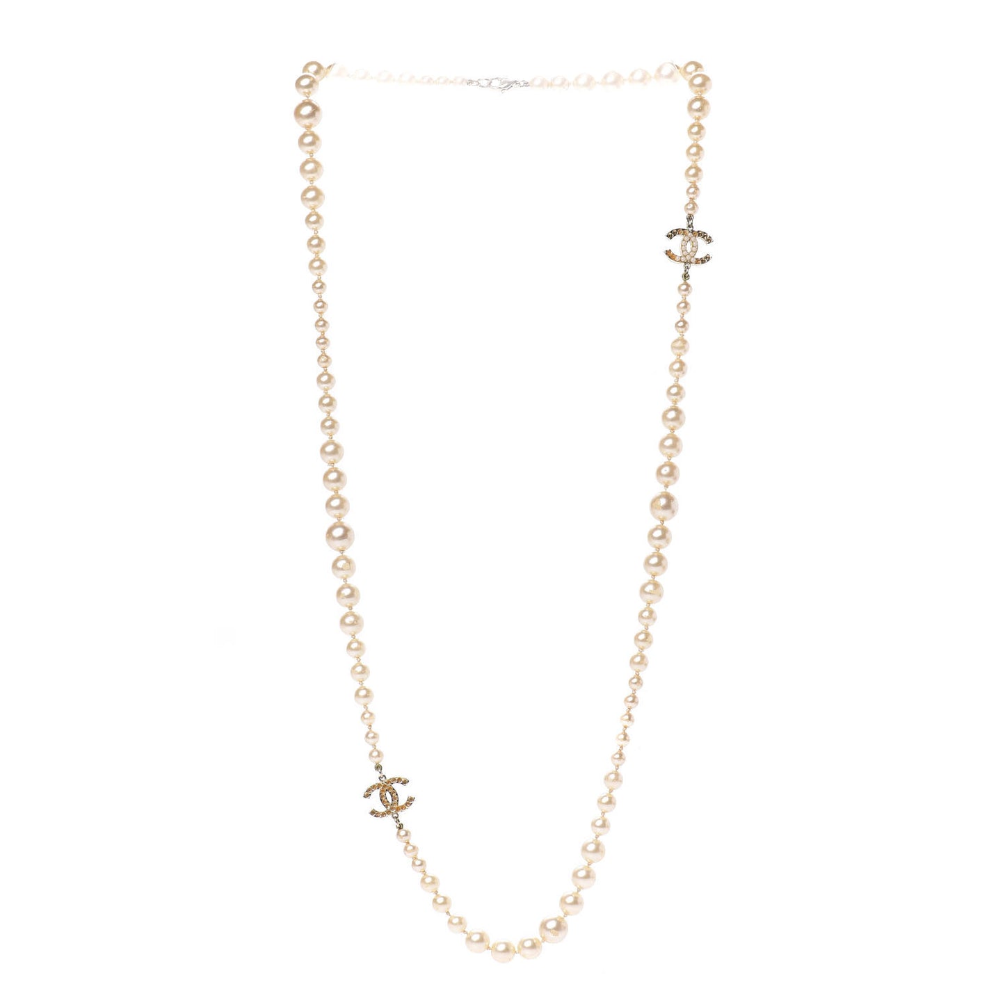 Pearl Crystal Long CC Necklace Gold