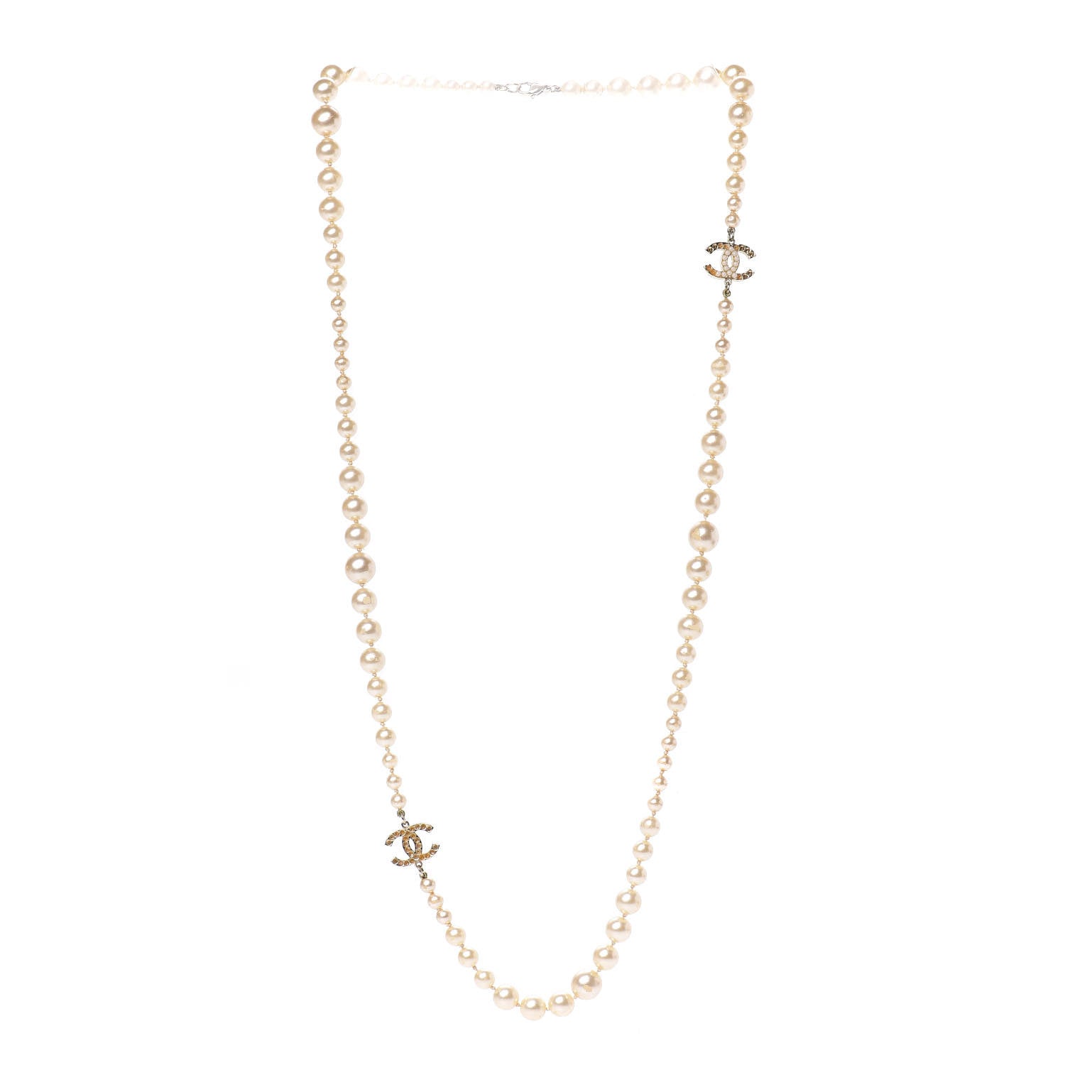 Chanel Pearl Crystal Long CC Necklace Gold 3 of 13