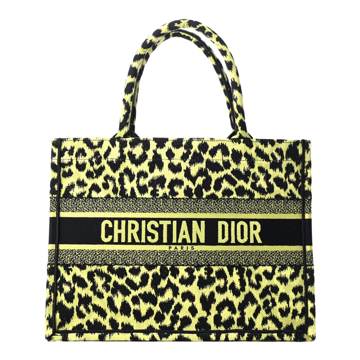 Christian Dior Canvas Mizza Embroidered Medium Leopard Book Tote Lime Pop 1 of 4