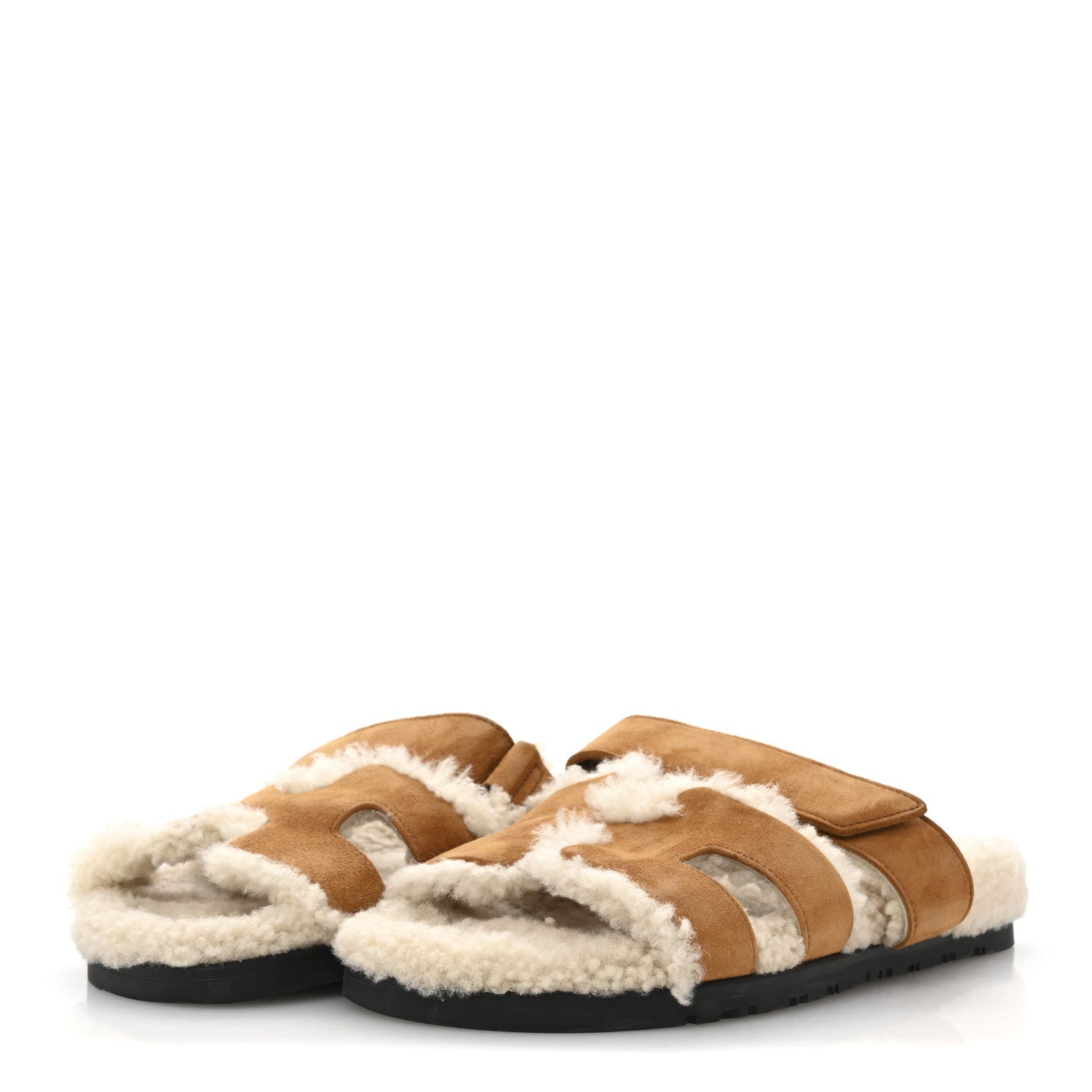 Hermes Suede Goatskin Woolskin Womens Chypre Sandals 37 Brun Fume Ecru 4 of 9