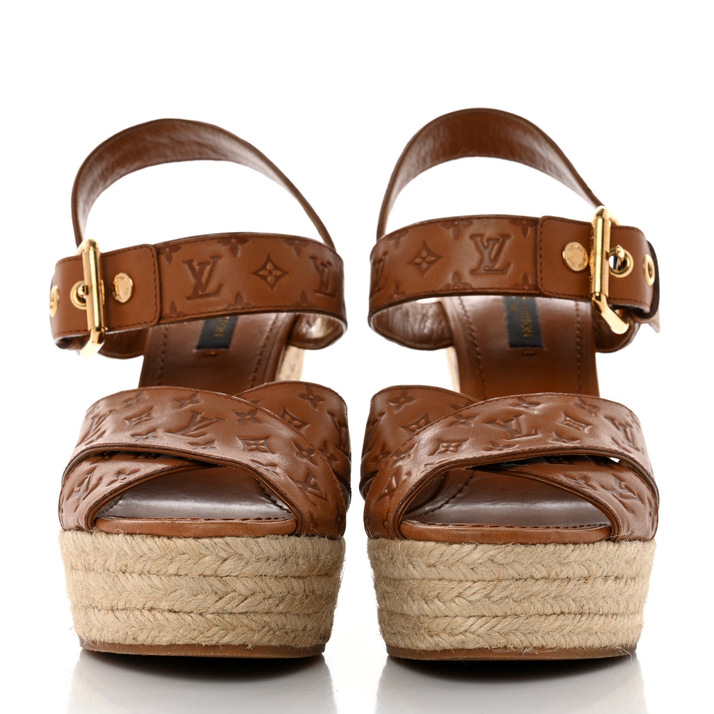 Calfskin Monogram Embossed Espadrille Wedge Sandals 35.5 Cognac