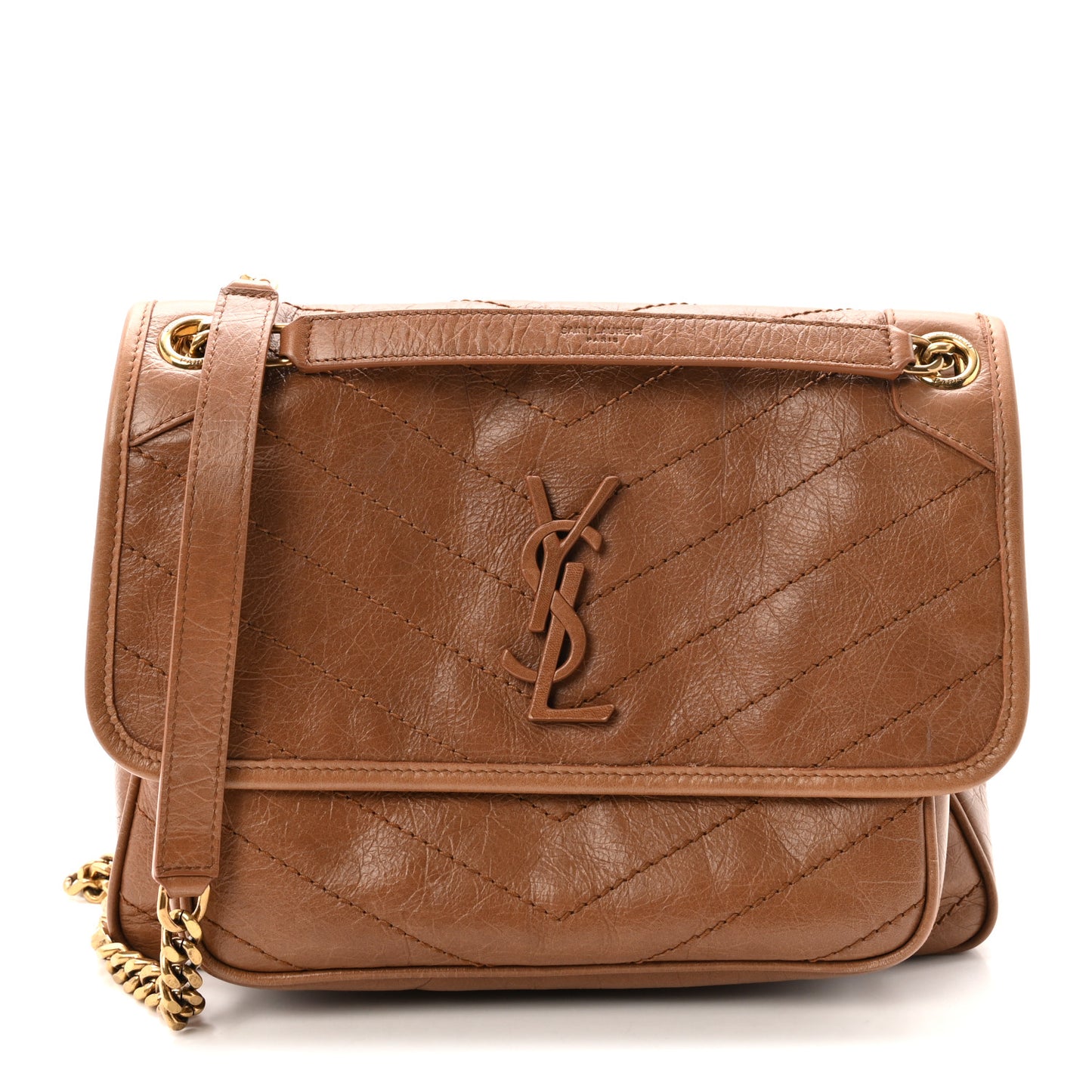 Crinkled Calfskin Matelasse Monogram Medium Niki Chain Satchel Caramel