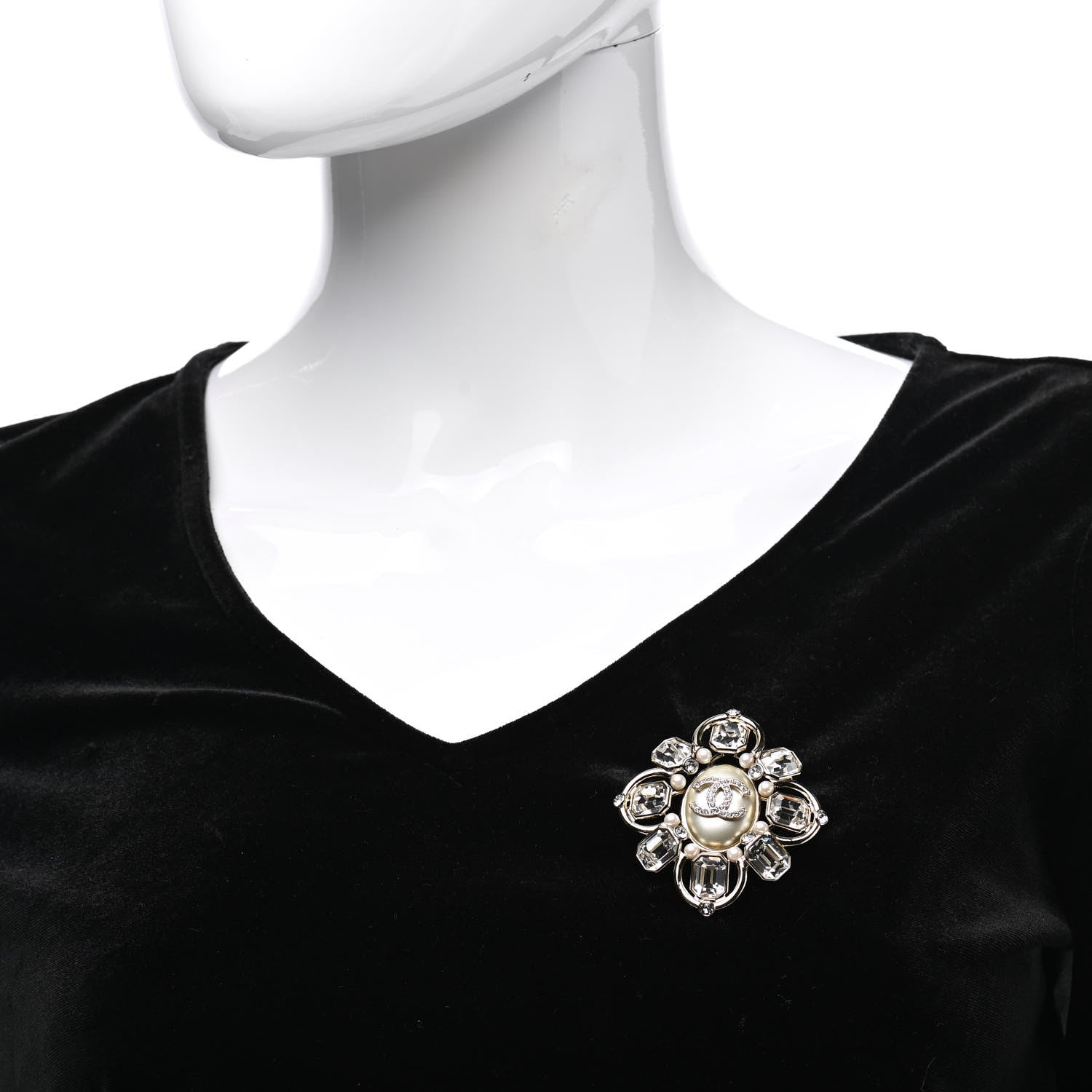 Chanel Pearl Crystal CC Brooch Pearly White Gold 2 of 5