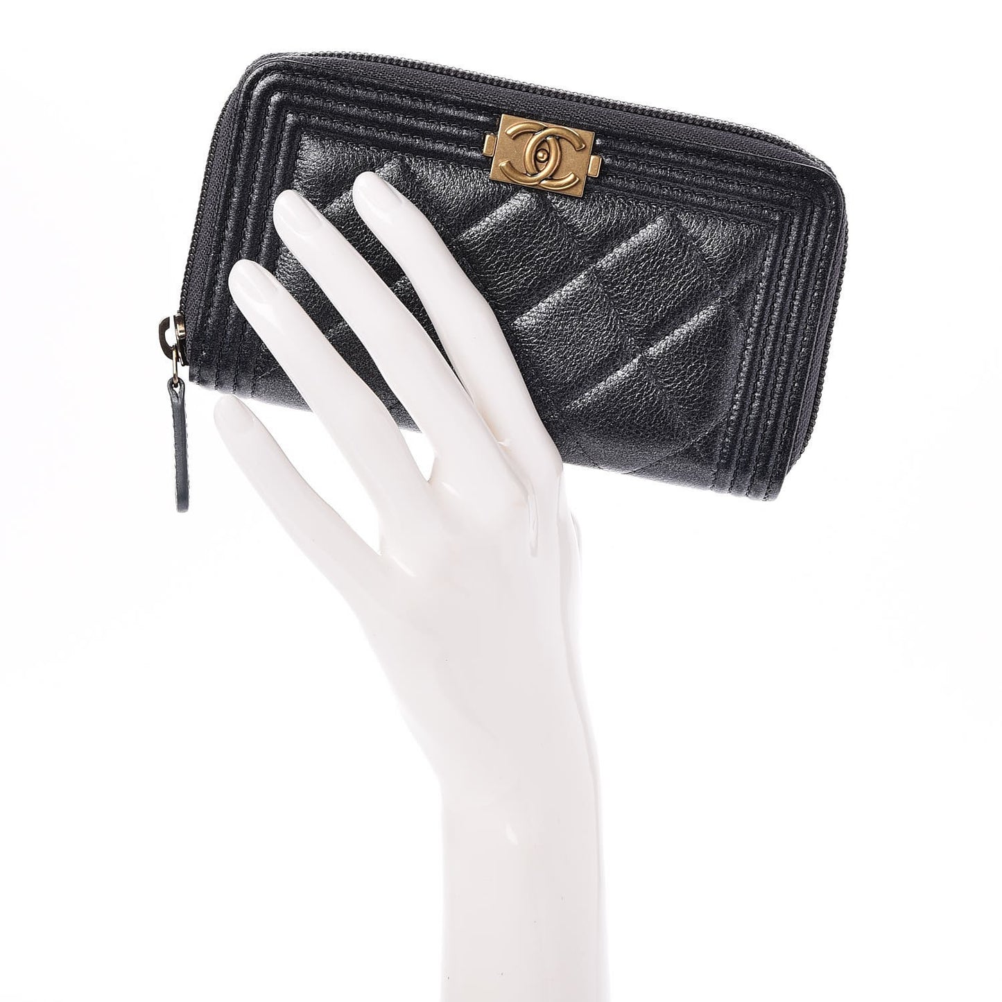 Iridescent Goatskin Quilted Small Boy Zip Around Wallet Charcoal
