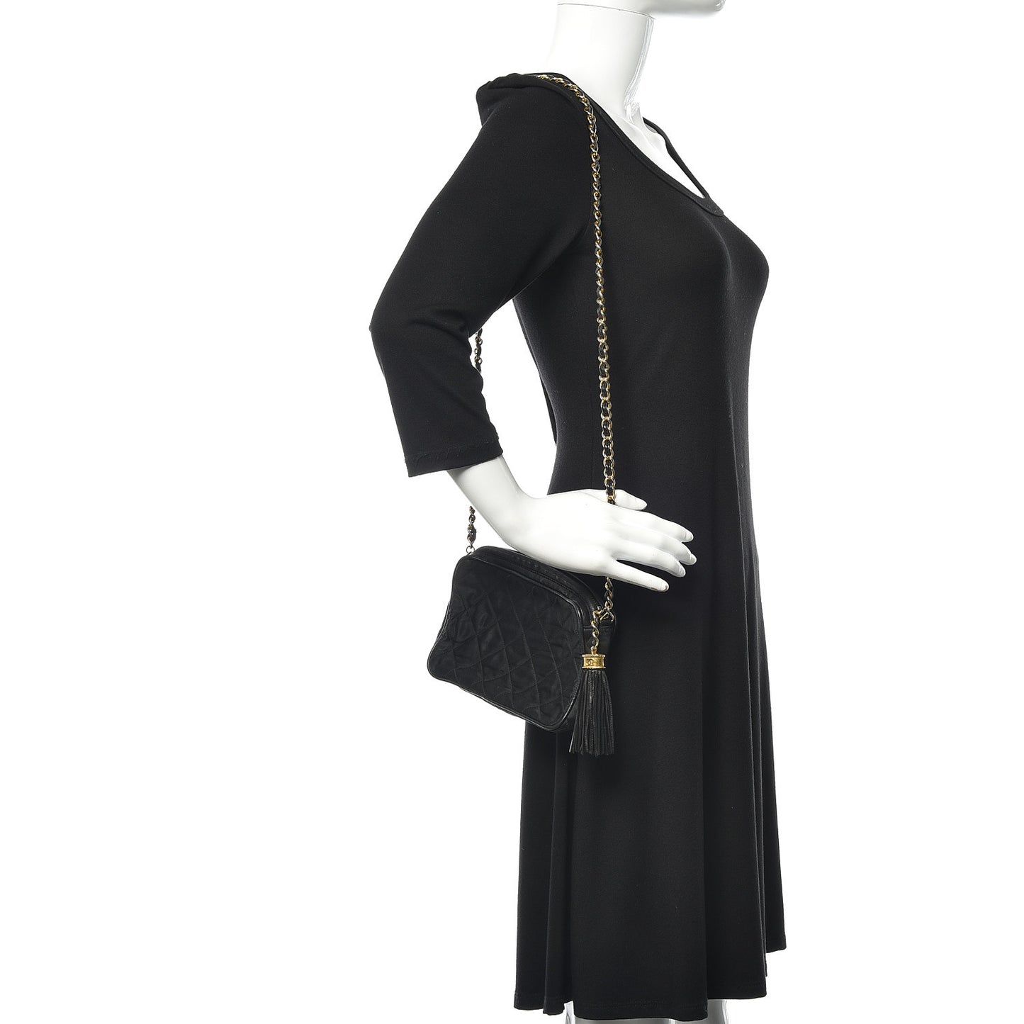 Lambskin Nylon Quilted Tassel Camera Case Black
