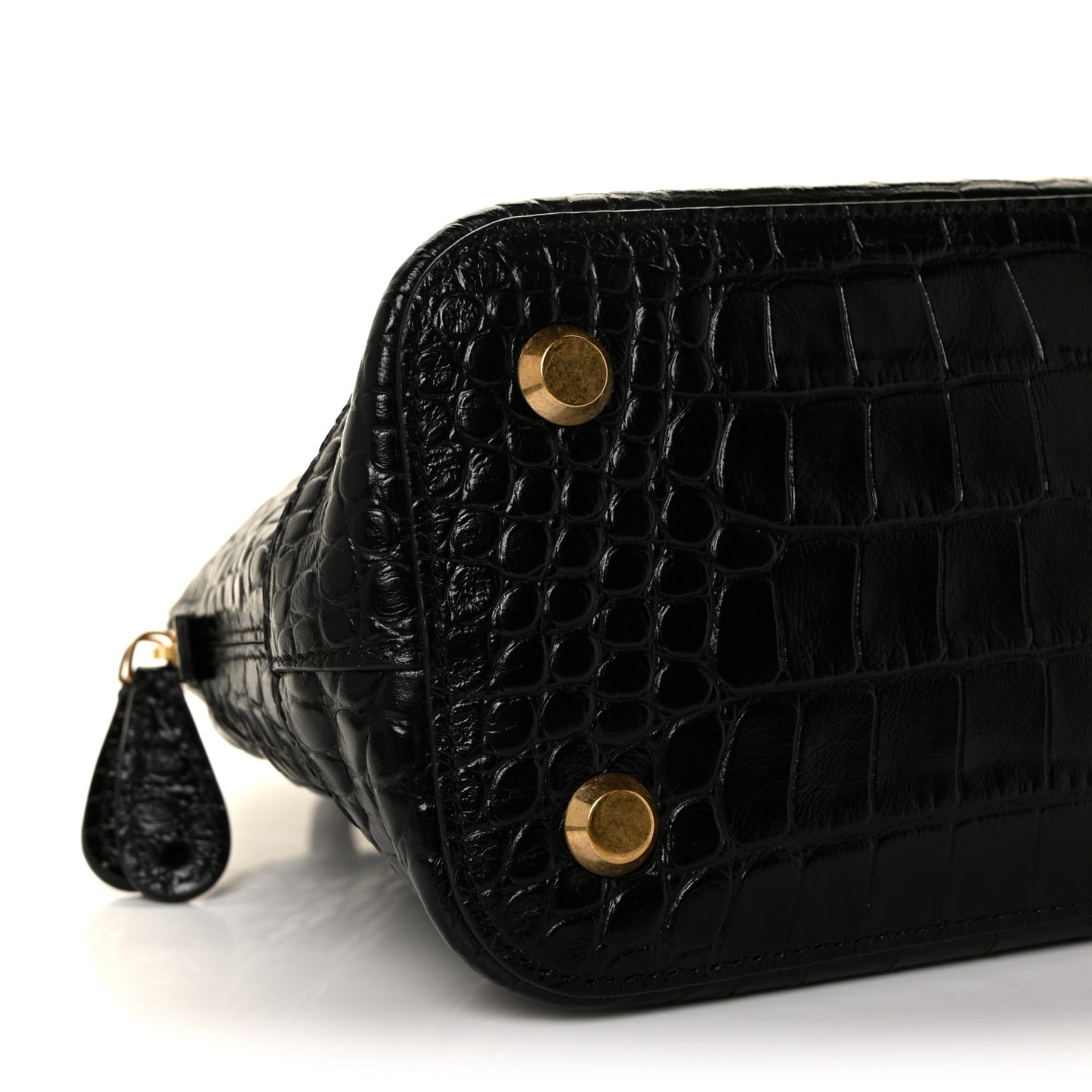 Calfskin Crocodile Embossed S Rivet Ville Top Handle Bag Black