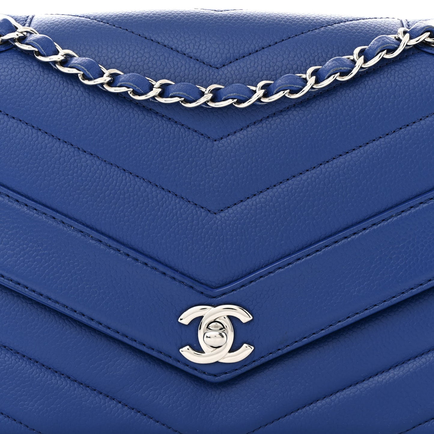 Caviar Chevron Quilted Single Flap Blue