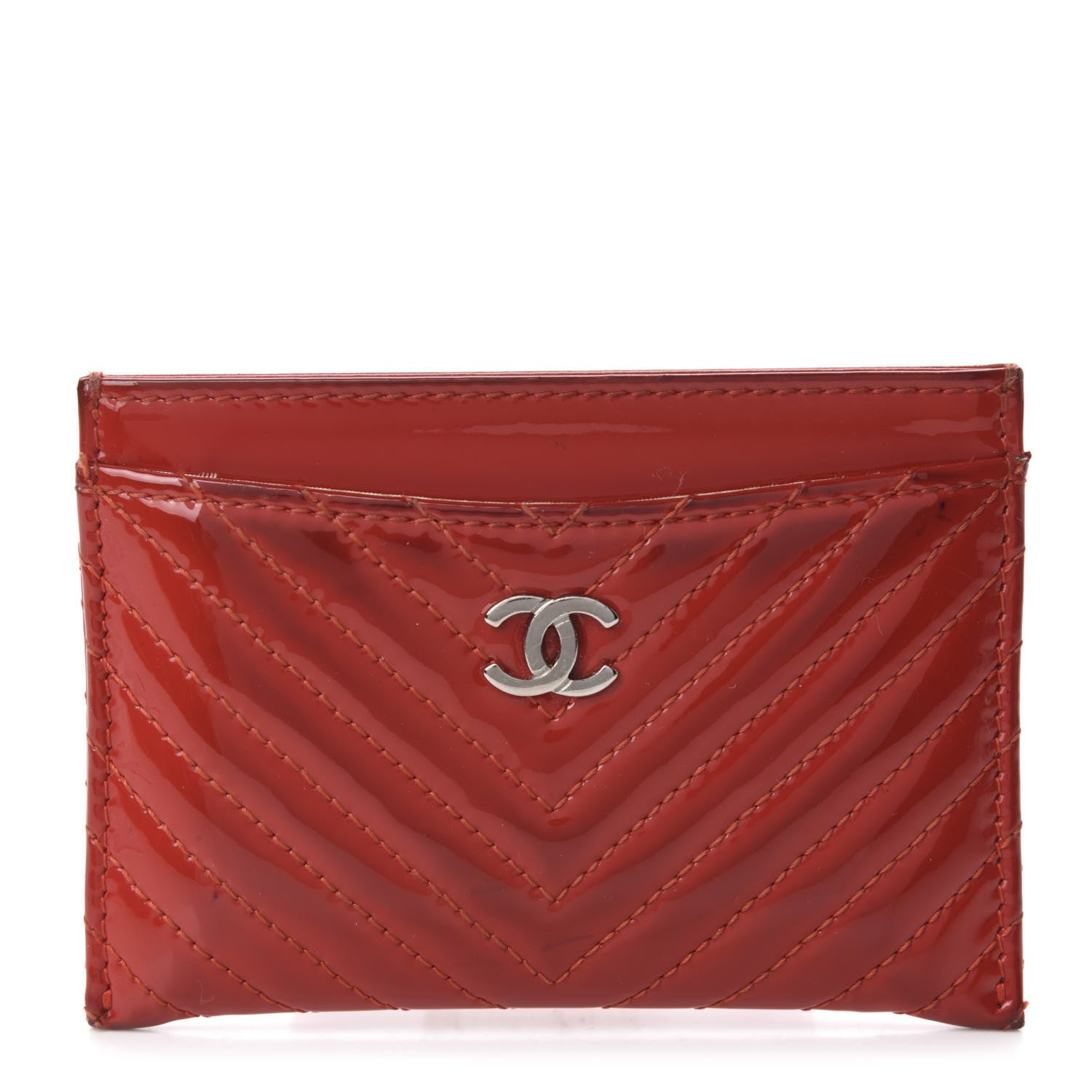 Chanel Patent Quilted Chevron Card Holder Red 1 of 13