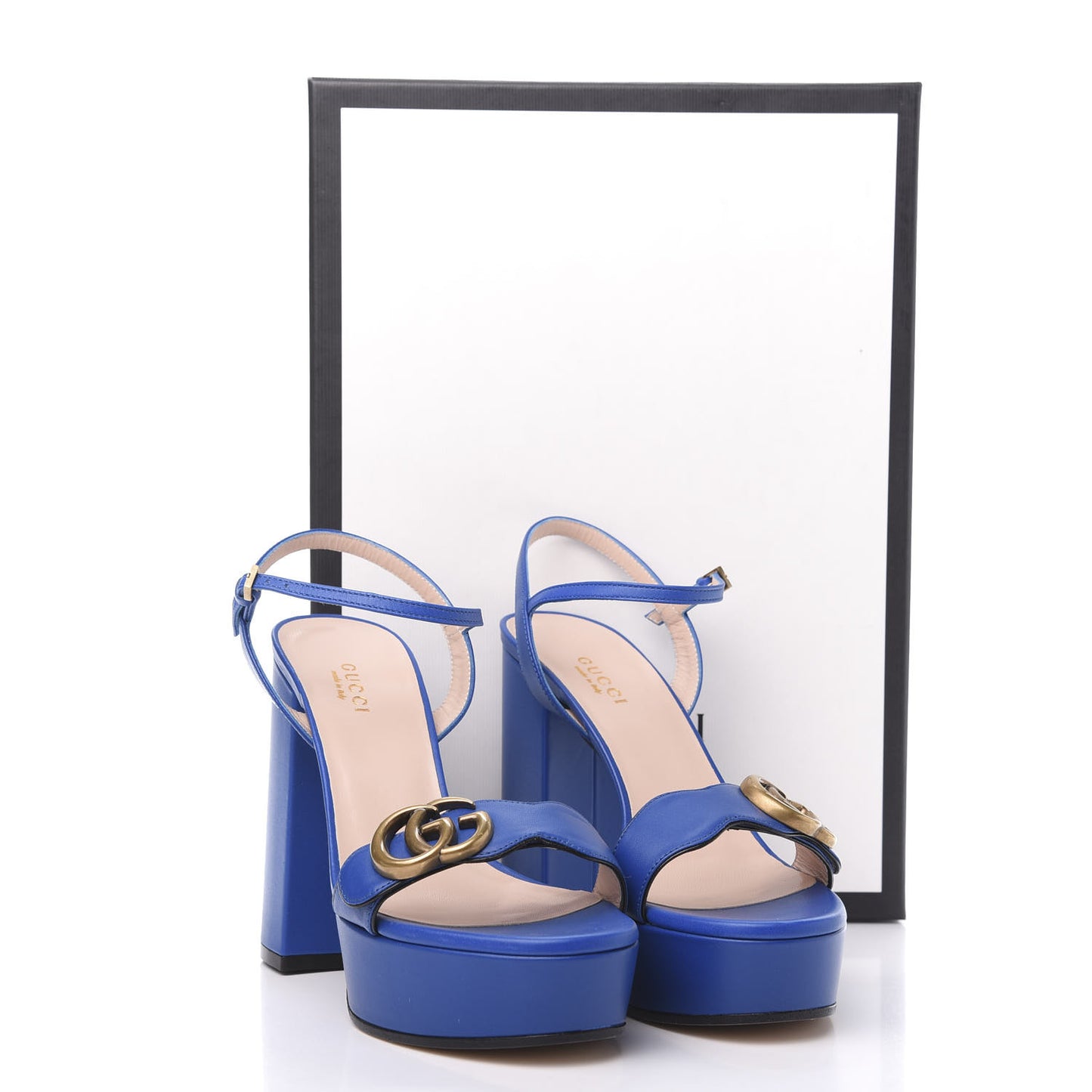 Calfskin GG Marmont Ankle Wrap 30/115mm Platform Sandals 36.5 Bright Blue