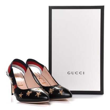 Gucci Malaga Kid Web Bee Star Embroidered Sylvie Mid Heel Slingback Pumps 40 Black 9 of 9