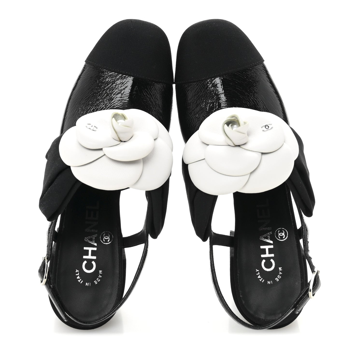 Crumpled Shiny Fabric Grosgrain Cap Toe Camellia Bow Slingback Pumps 36 Black