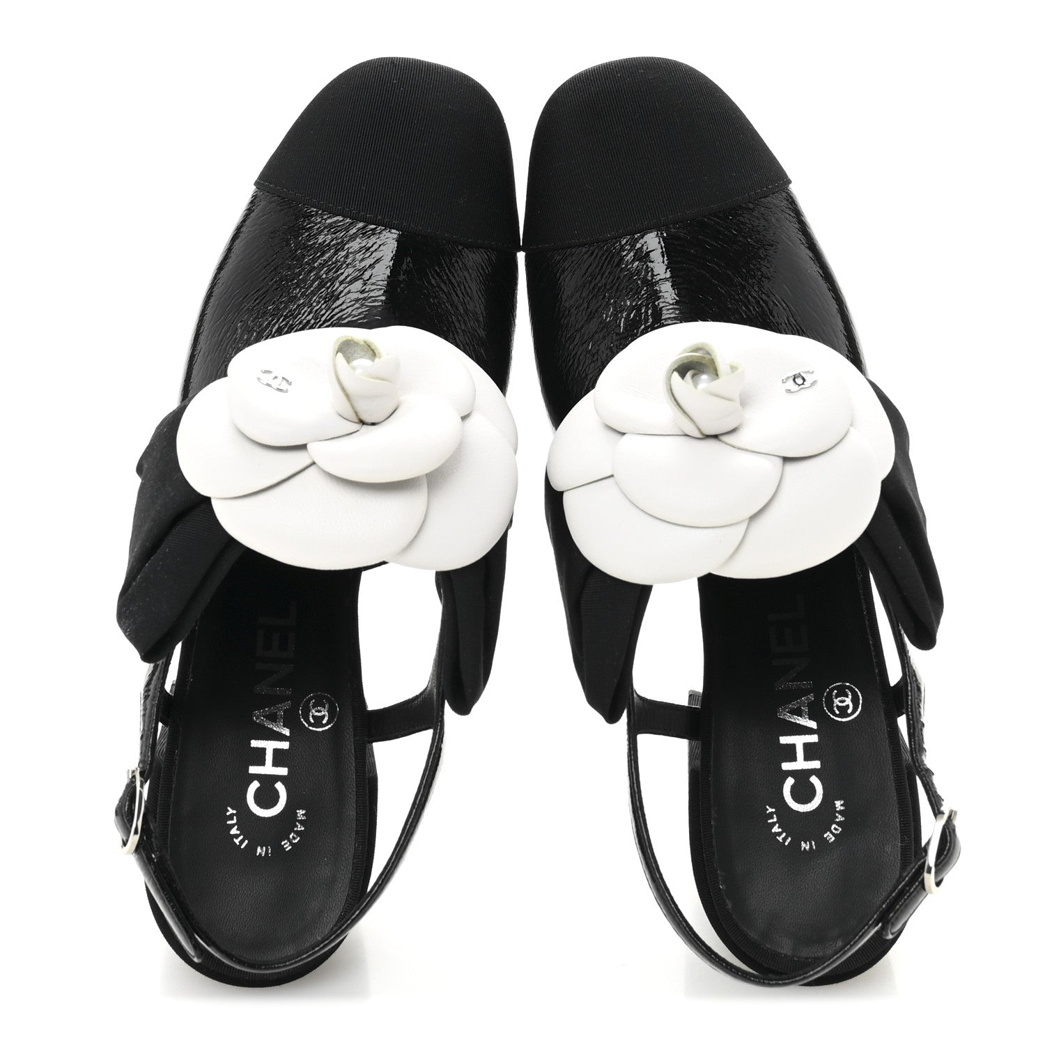 Chanel Crumpled Shiny Fabric Grosgrain Cap Toe Camellia Bow Slingback Pumps 36 Black 2 of 11