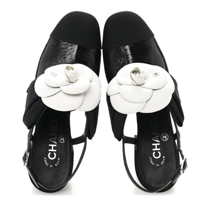 Chanel Crumpled Shiny Fabric Grosgrain Cap Toe Camellia Bow Slingback Pumps 36 Black 2 of 11
