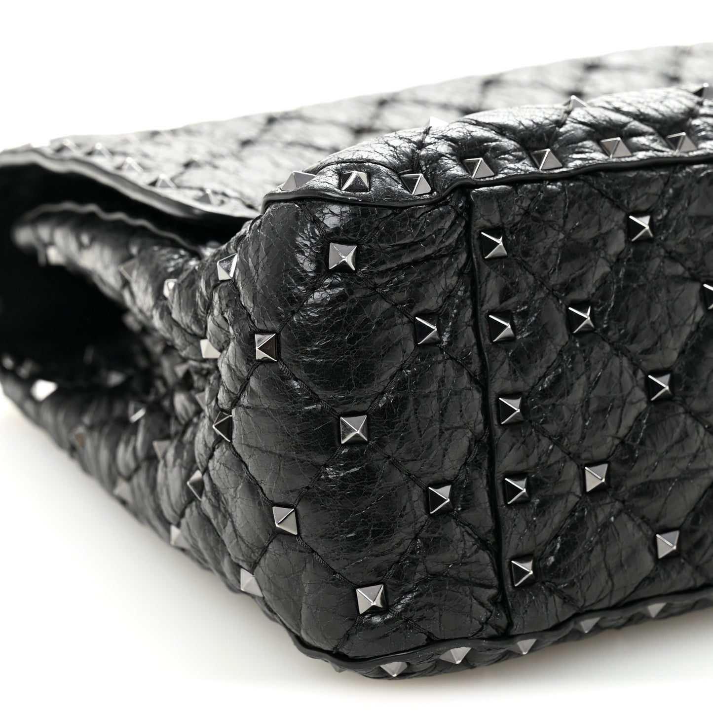 Craquele Nappa Large Rockstud Spike Shoulder Bag Black