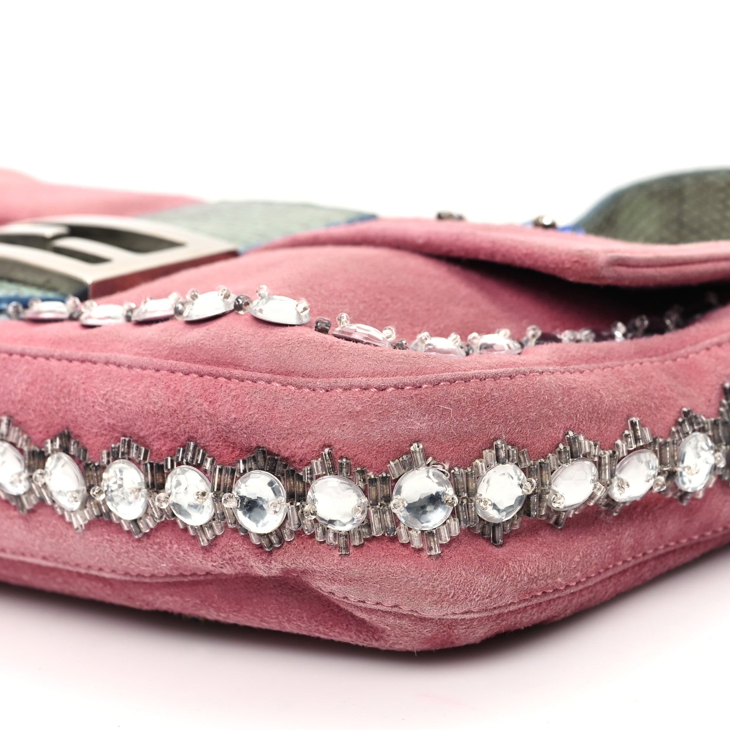 Fendi Velvet Snakeskin Beaded Crystal Baguette Pink 9 of 11