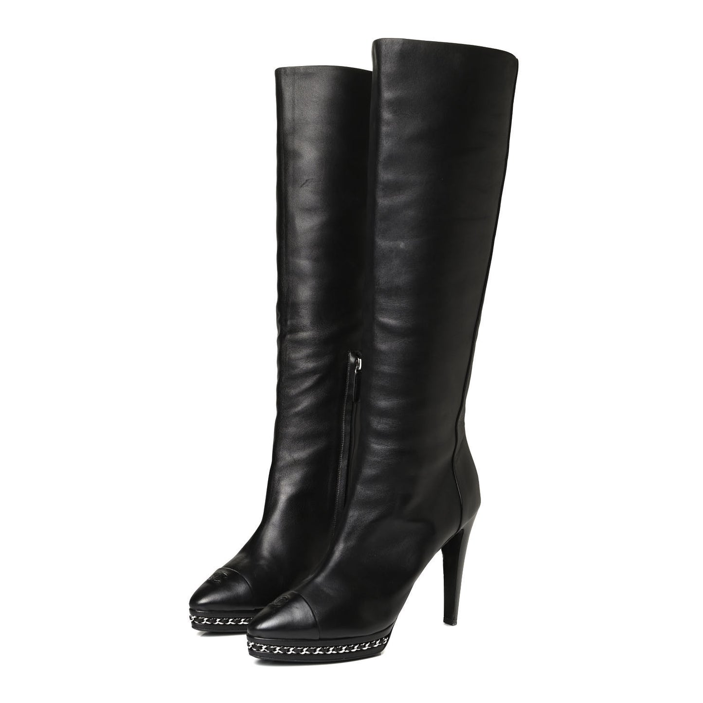 Lambskin CC Platform Cap Toe Chain Knee High Boots 42 Black