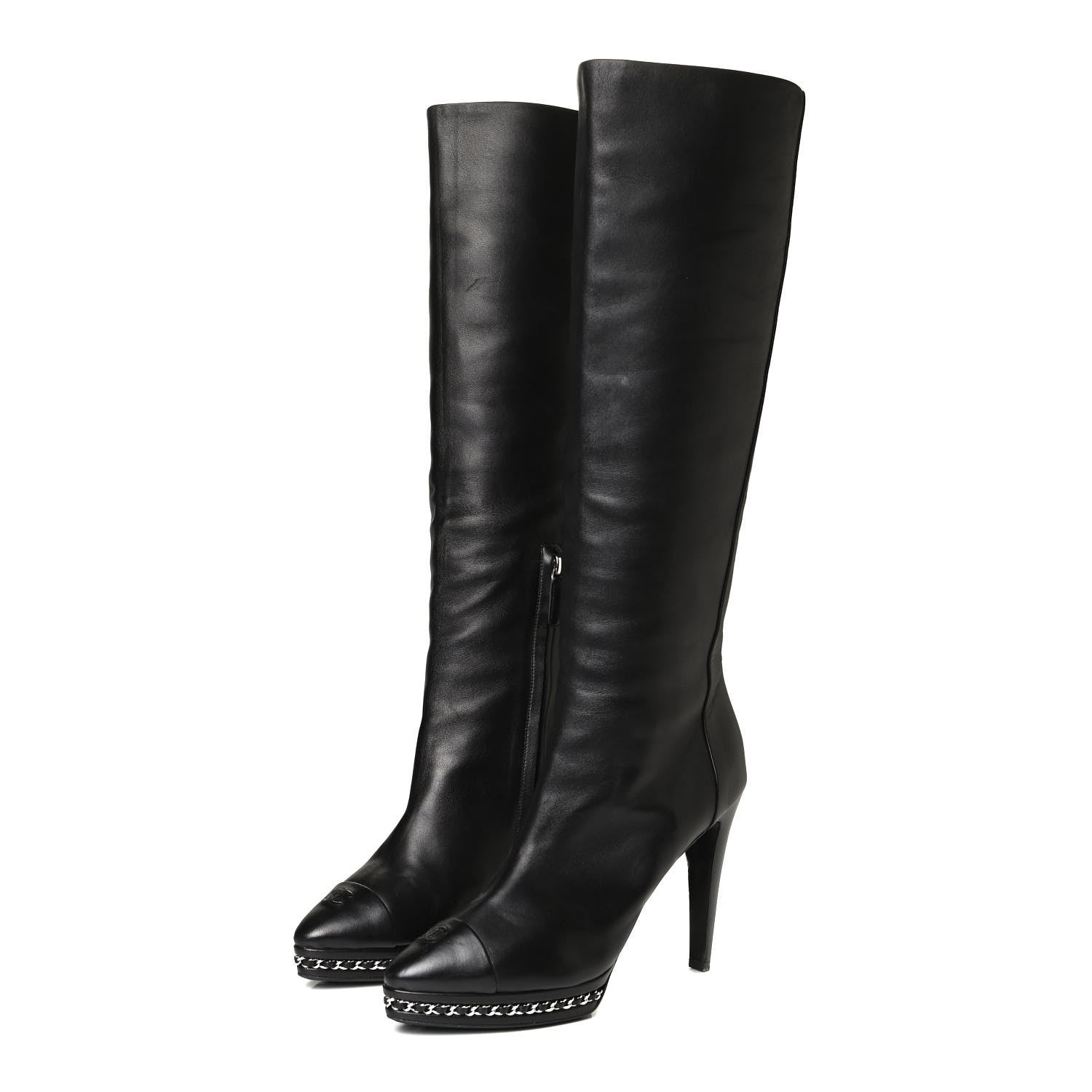Chanel Lambskin CC Platform Cap Toe Chain Knee High Boots 42 Black 6 of 18
