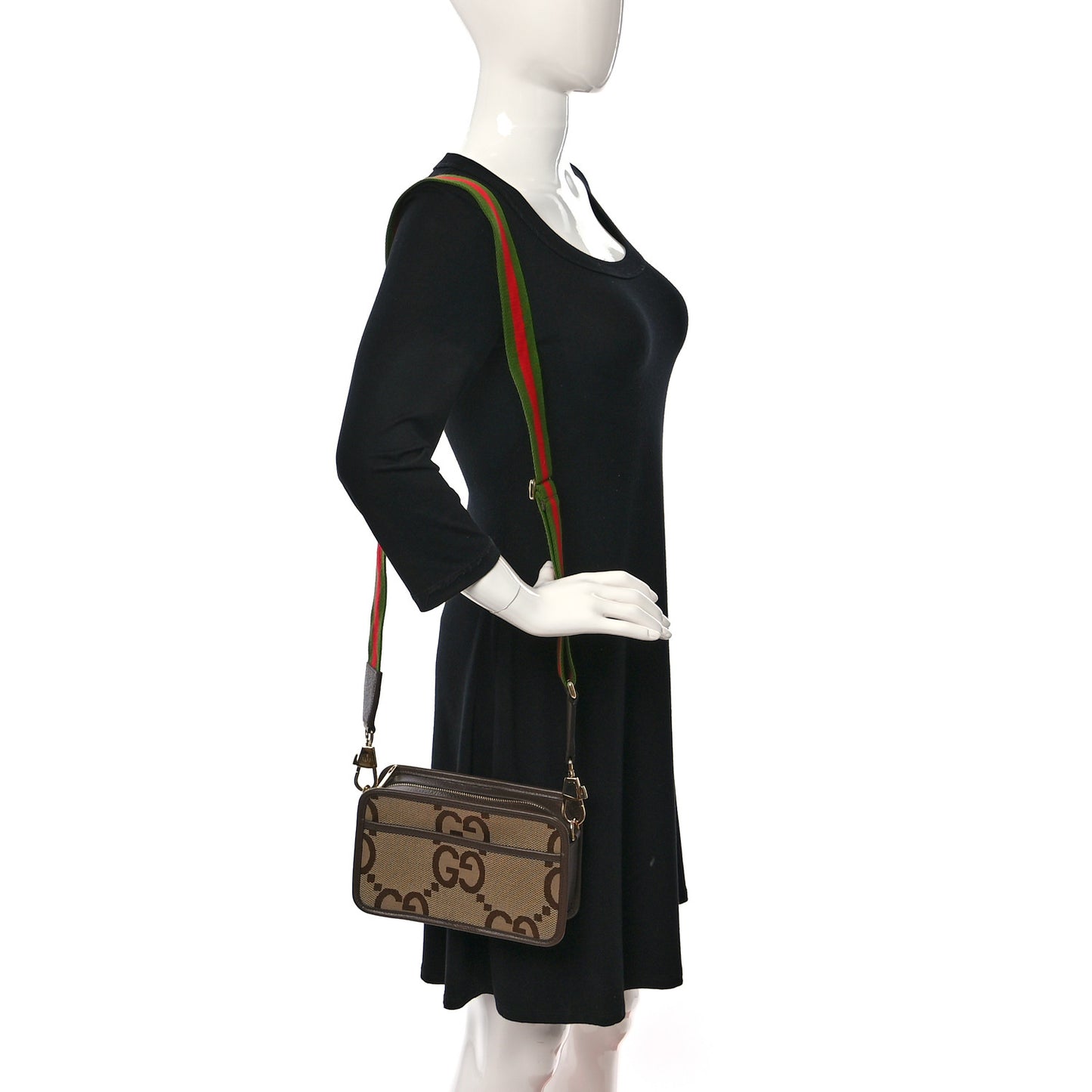 Monogram Jumbo GG Textured Dollar Calfskin Web Mini Crossbody Bag Camel Ebony New Acero
