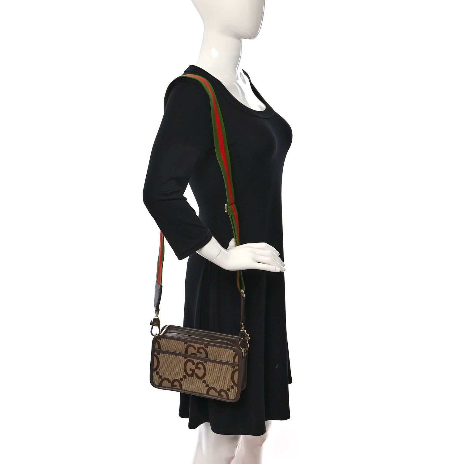 Gucci Monogram Jumbo GG Textured Dollar Calfskin Web Mini Crossbody Bag Camel Ebony New Acero 2 of 10