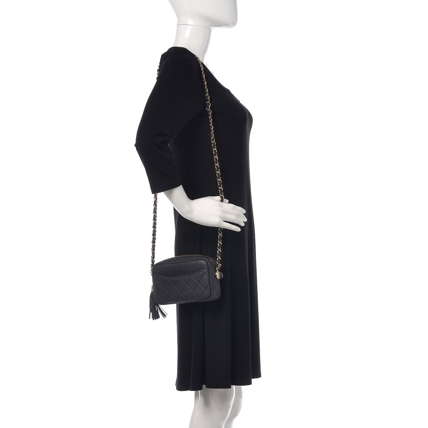 Iridescent Caviar Quilted Mini Coco Tassel Camera Case Black