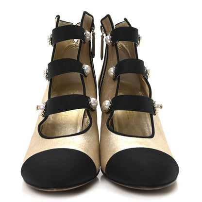 Chanel Metallic Calfskin Grosgrain Cap Toe Pearl Ankle Boots 36.5 Gold 3 of 8