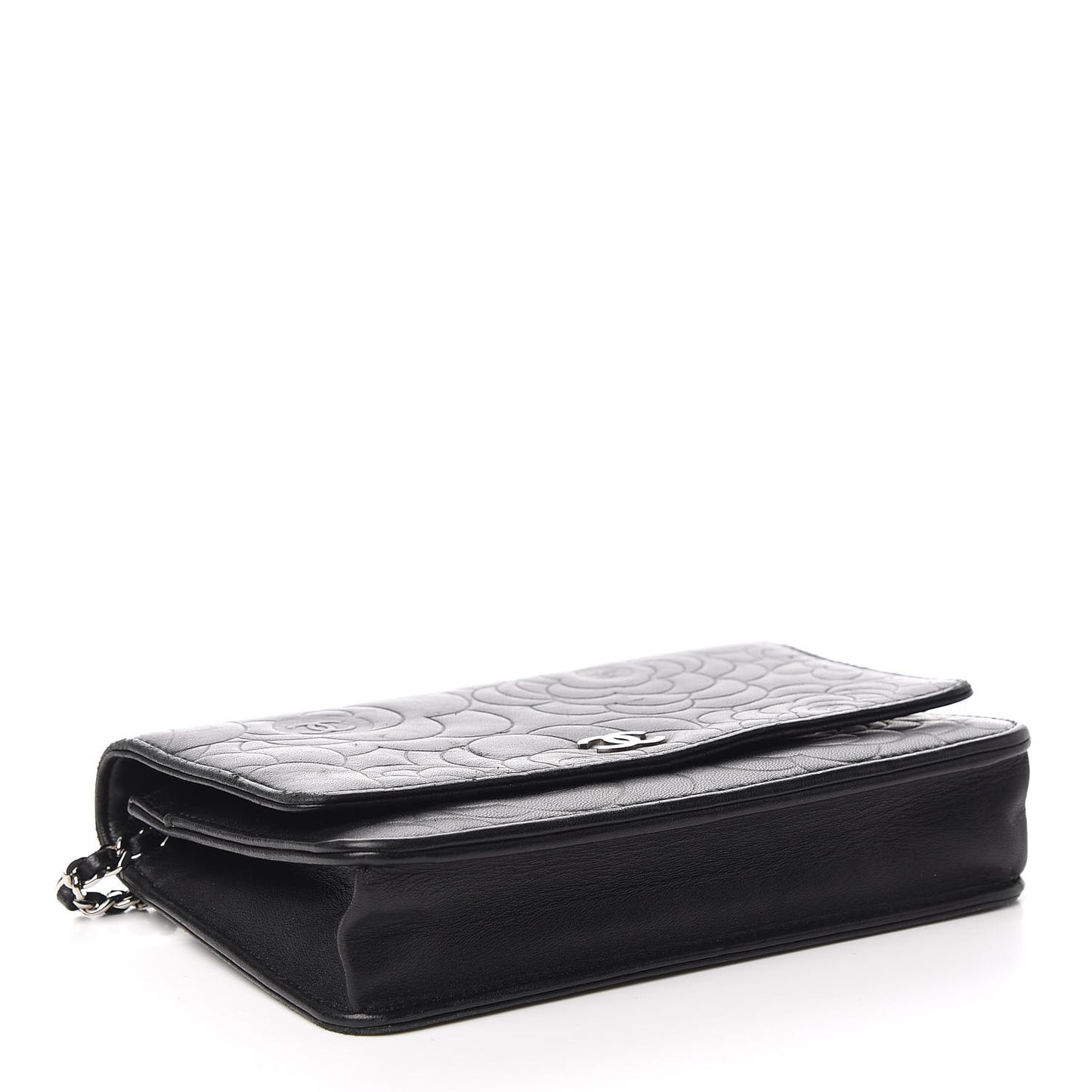 Lambskin Camellia Embossed Wallet on Chain WOC Black
