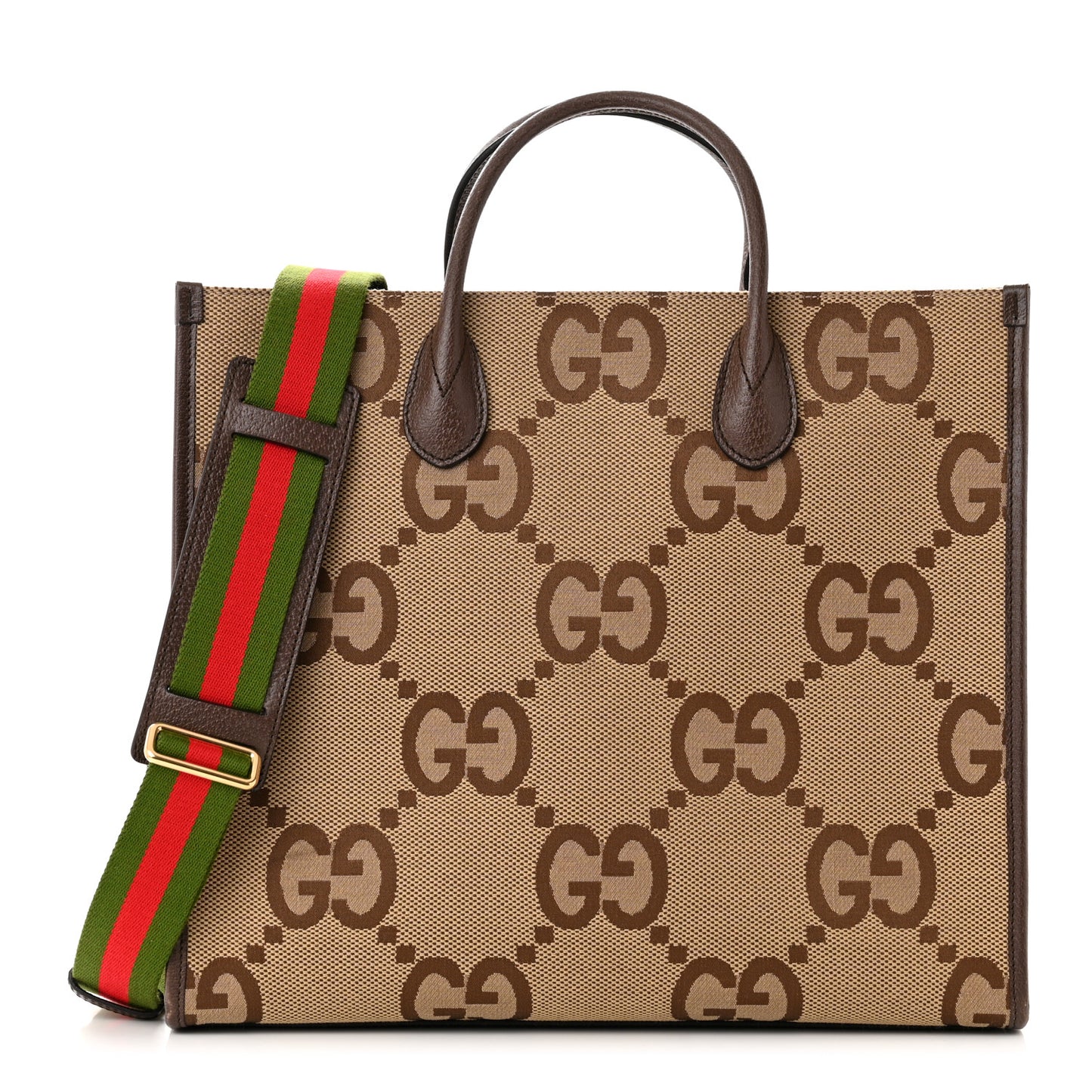 Monogram Jumbo GG Textured Dollar Calfskin Web Tote Bag Camel Ebony New Acero