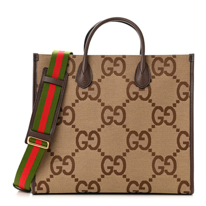 Gucci Monogram Jumbo GG Textured Dollar Calfskin Web Tote Bag Camel Ebony New Acero 1 of 14