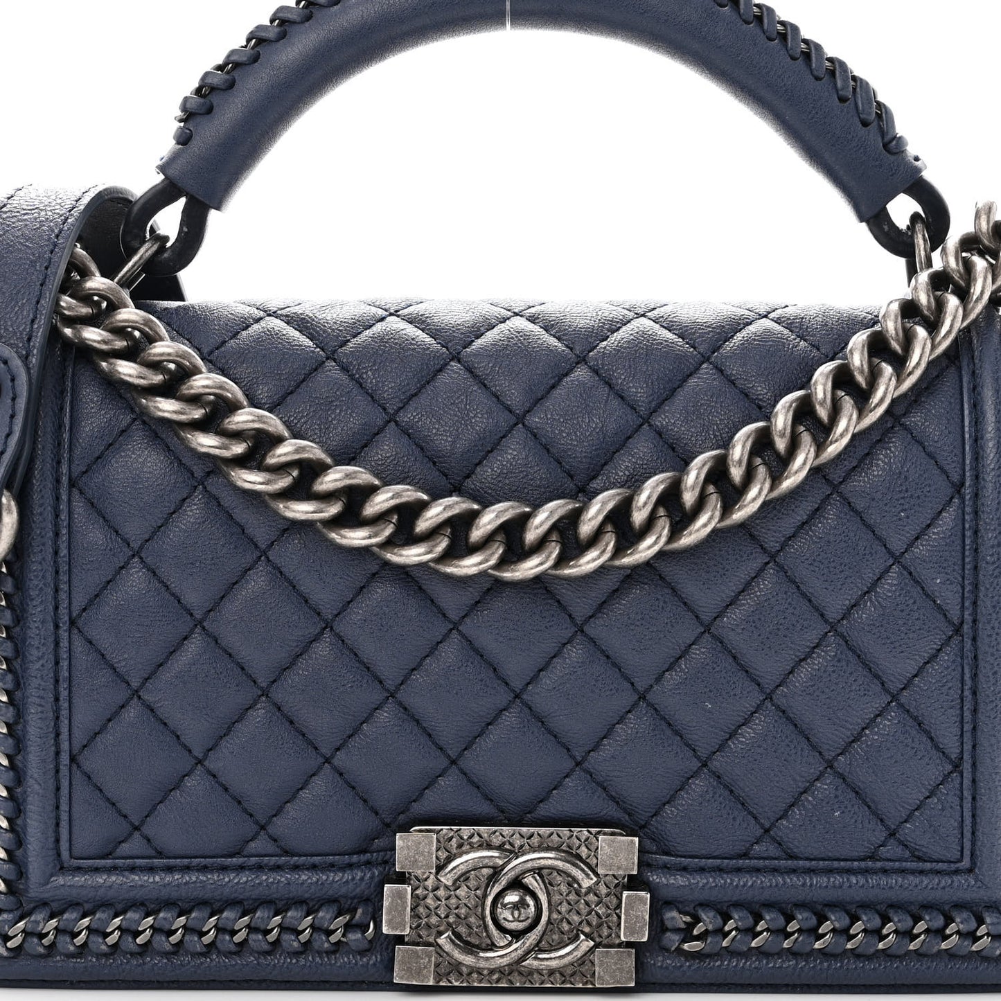 Calfskin Quilted Medium Top Handle Boy Flap Blue