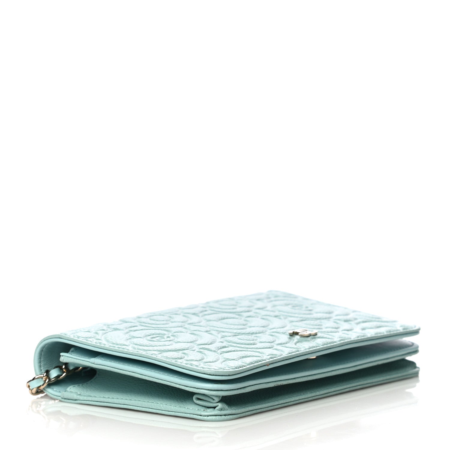 Chanel Caviar Camellia Embossed Wallet On Chain WOC Light Blue 5 of 15