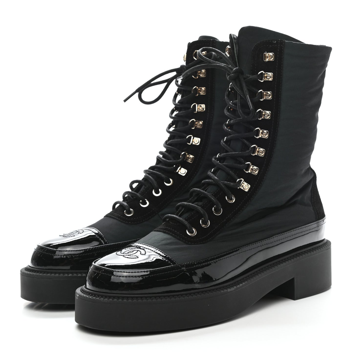 Nylon Suede Patent Calfskin Womens CC Lace Up Boots 40 Dark Green Black