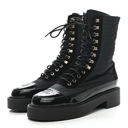 Chanel Nylon Suede Patent Calfskin Womens CC Lace Up Boots 40 Dark Green Black 3 of 9