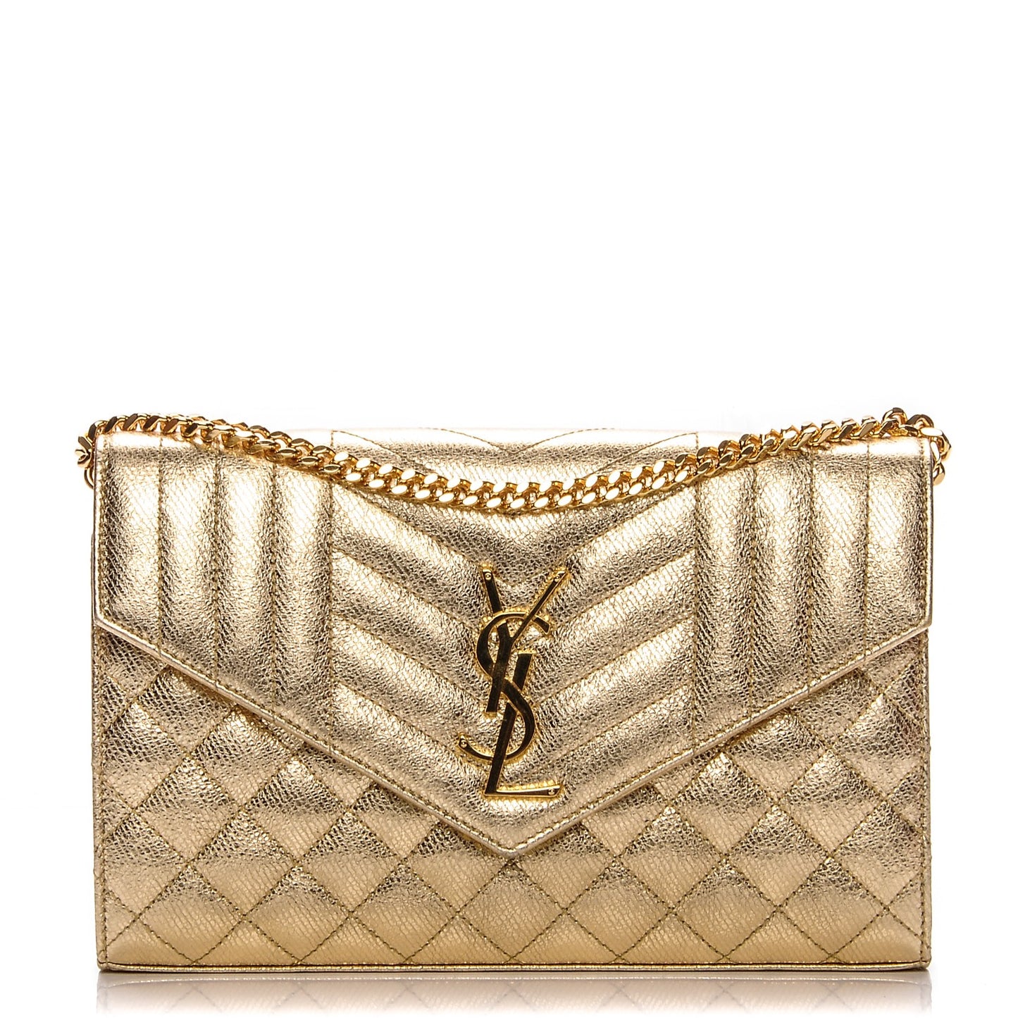 Metallic Calfskin Tri-Quilt Monogram Envelope Chain Wallet Oro