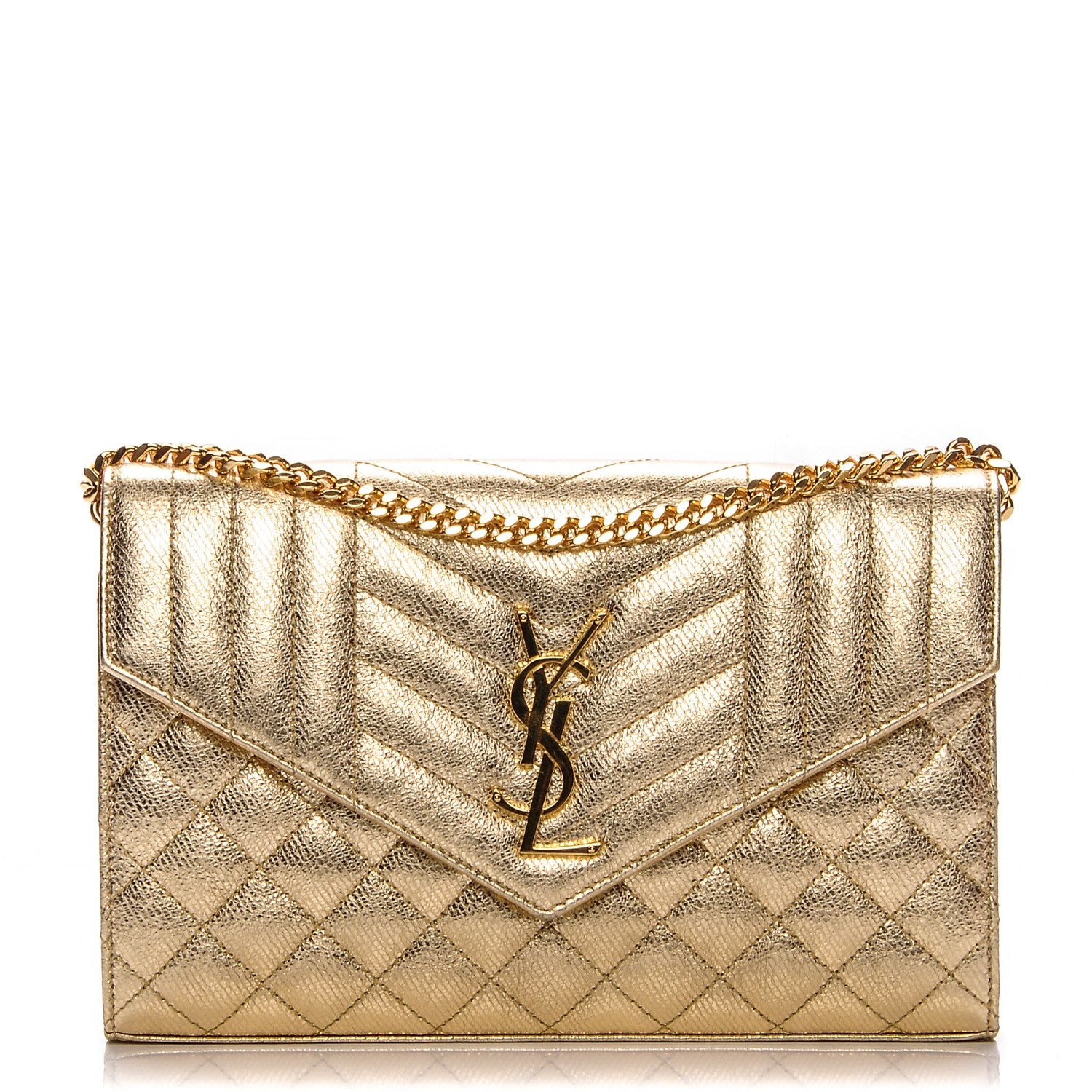 Saint Laurent Metallic Calfskin Tri-Quilt Monogram Envelope Chain Wallet Oro 1 of 7
