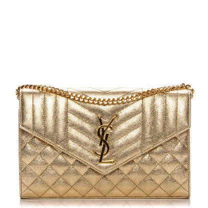 Saint Laurent Metallic Calfskin Tri-Quilt Monogram Envelope Chain Wallet Oro 1 of 7