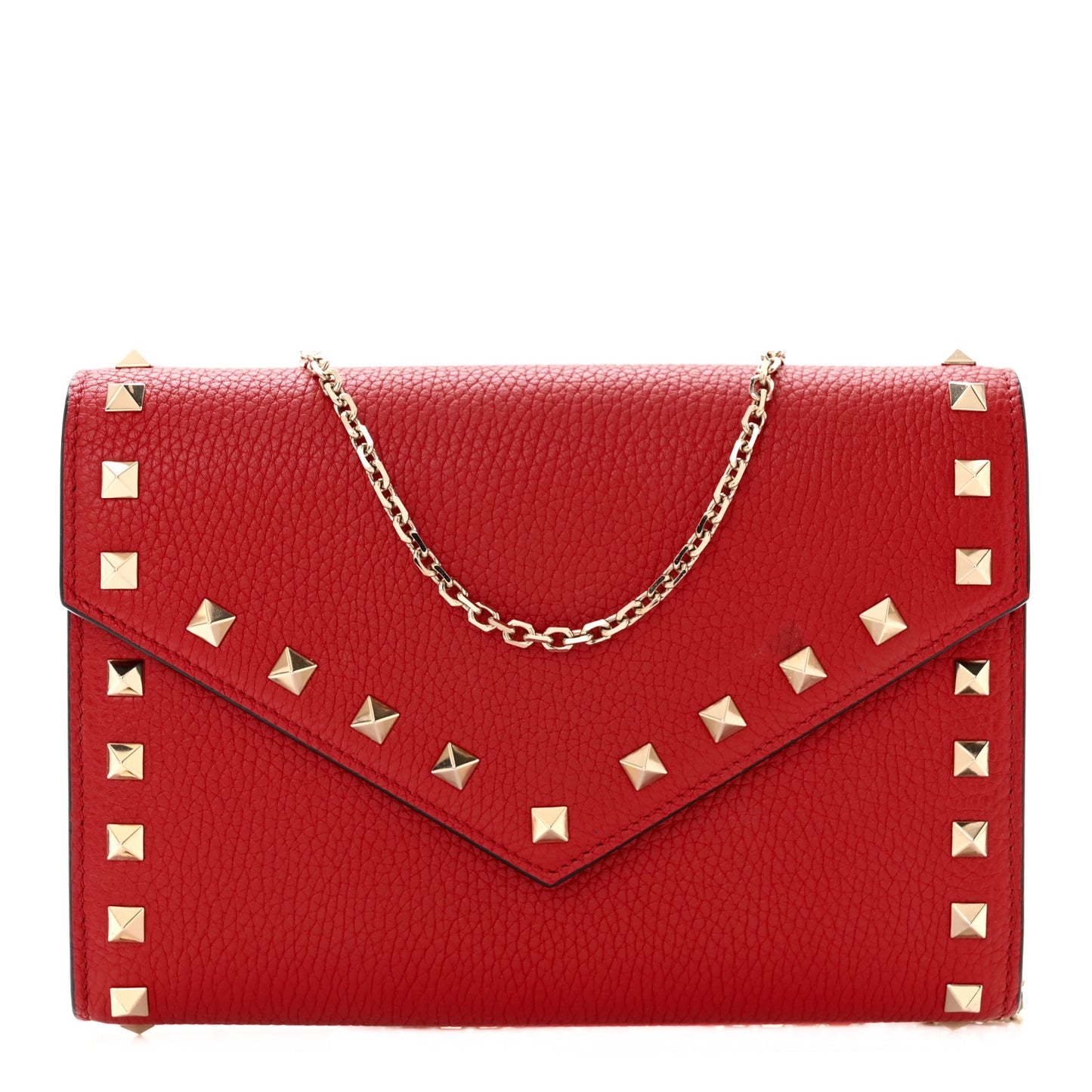 Pebbled Calfskin Rockstud Envelope Wallet on Chain Rouge Pur