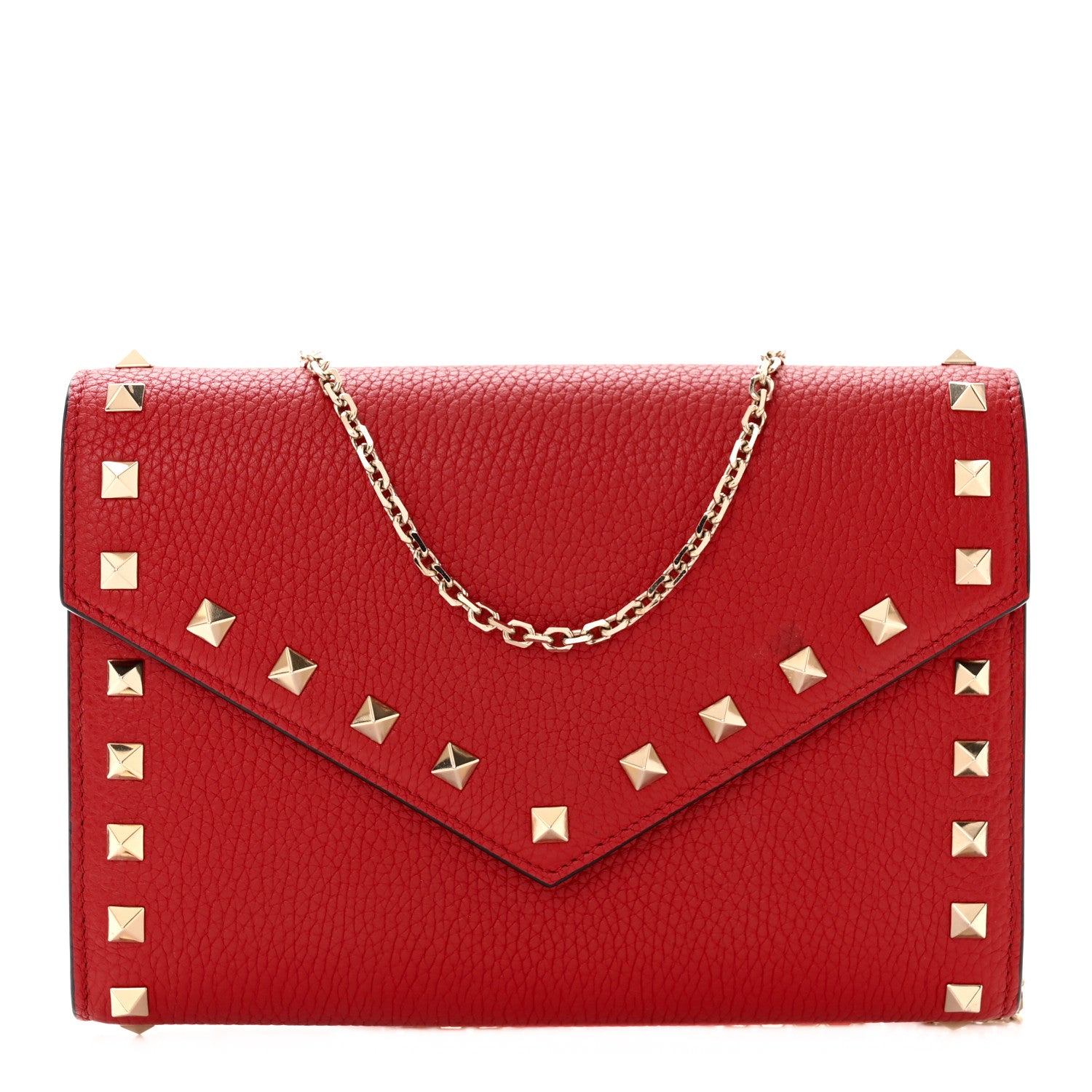 Valentino Garavani Pebbled Calfskin Rockstud Envelope Wallet on Chain Rouge Pur 1 of 11