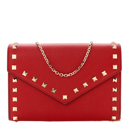 Valentino Garavani Pebbled Calfskin Rockstud Envelope Wallet on Chain Rouge Pur 1 of 11