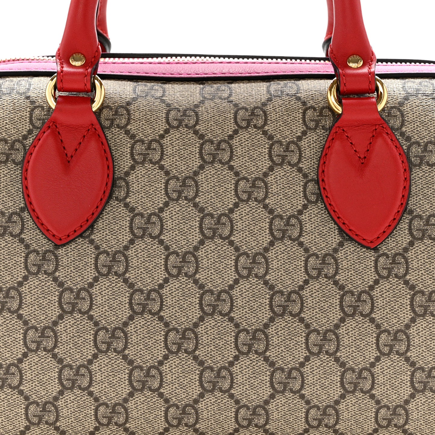 GG Supreme Monogram Moon Calfskin Small Boston Beige Ebony Hibiscus Red New Rosette