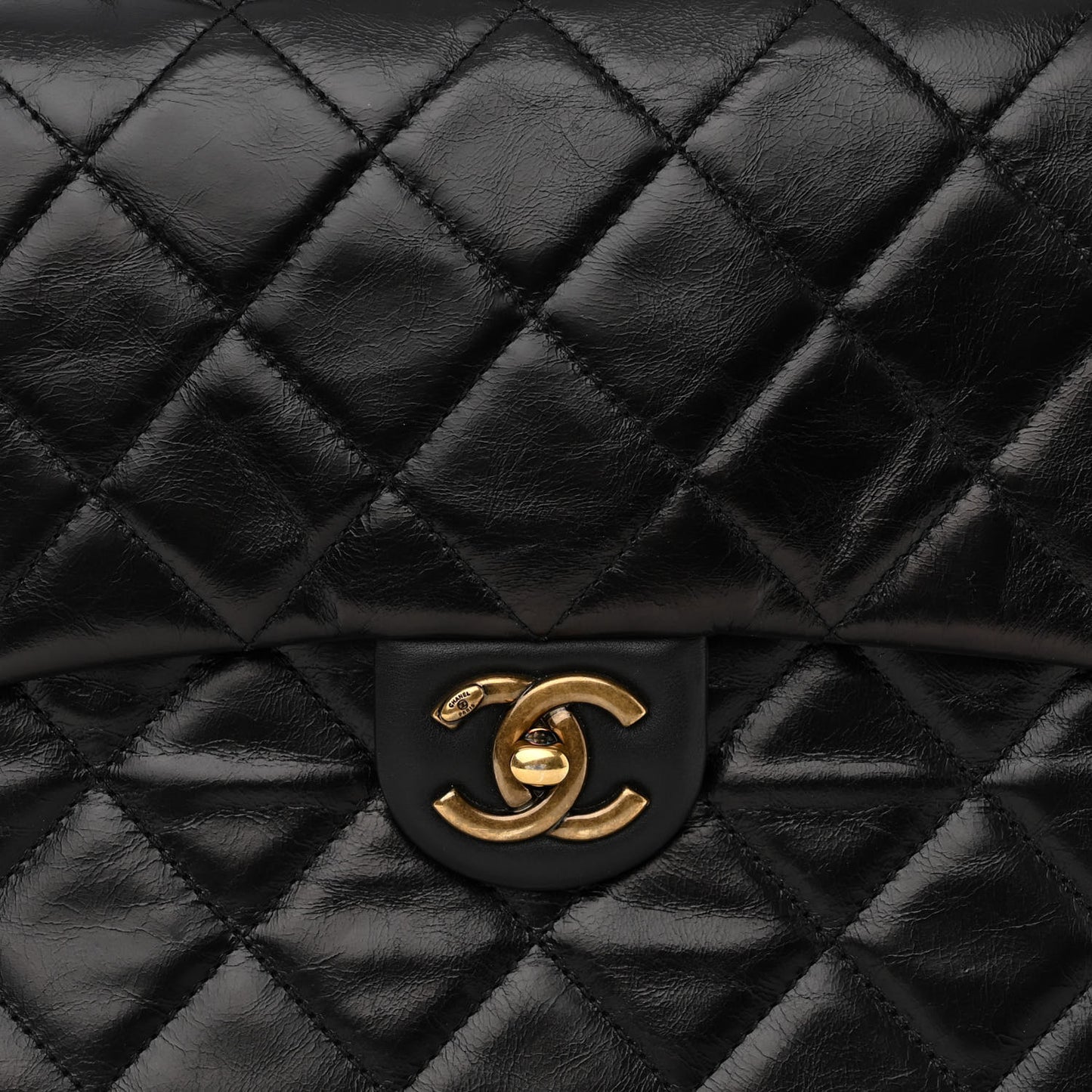 Glazed Calfskin Quilted Medium Gold Bar Top Handle Flap Black