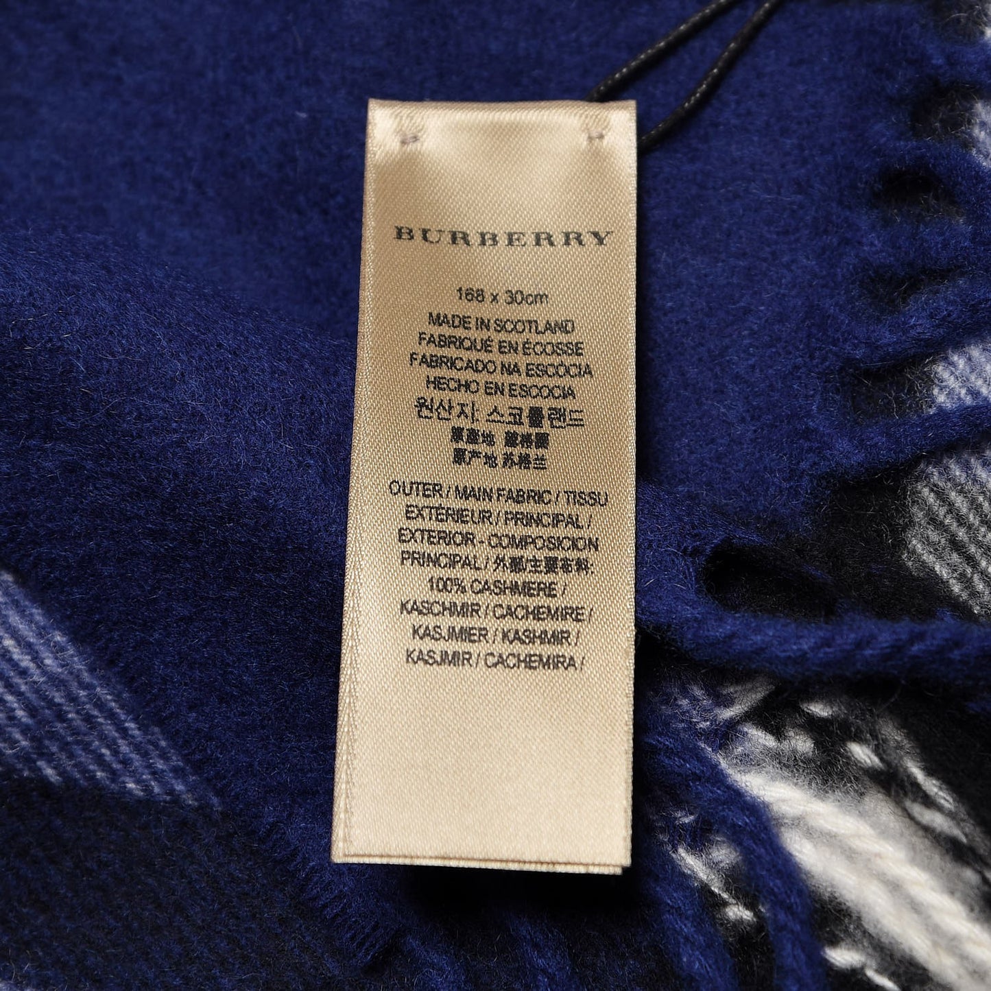 Cashmere Giant Check Fringe Scarf Bright Sapphire